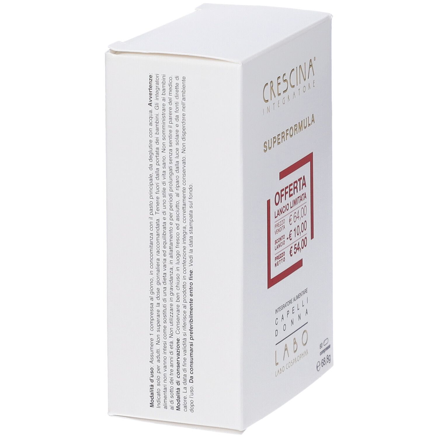 Scatola bianca, Crescina Integratore Superformula. Cornice rossa con offerta. Testo in italiano.