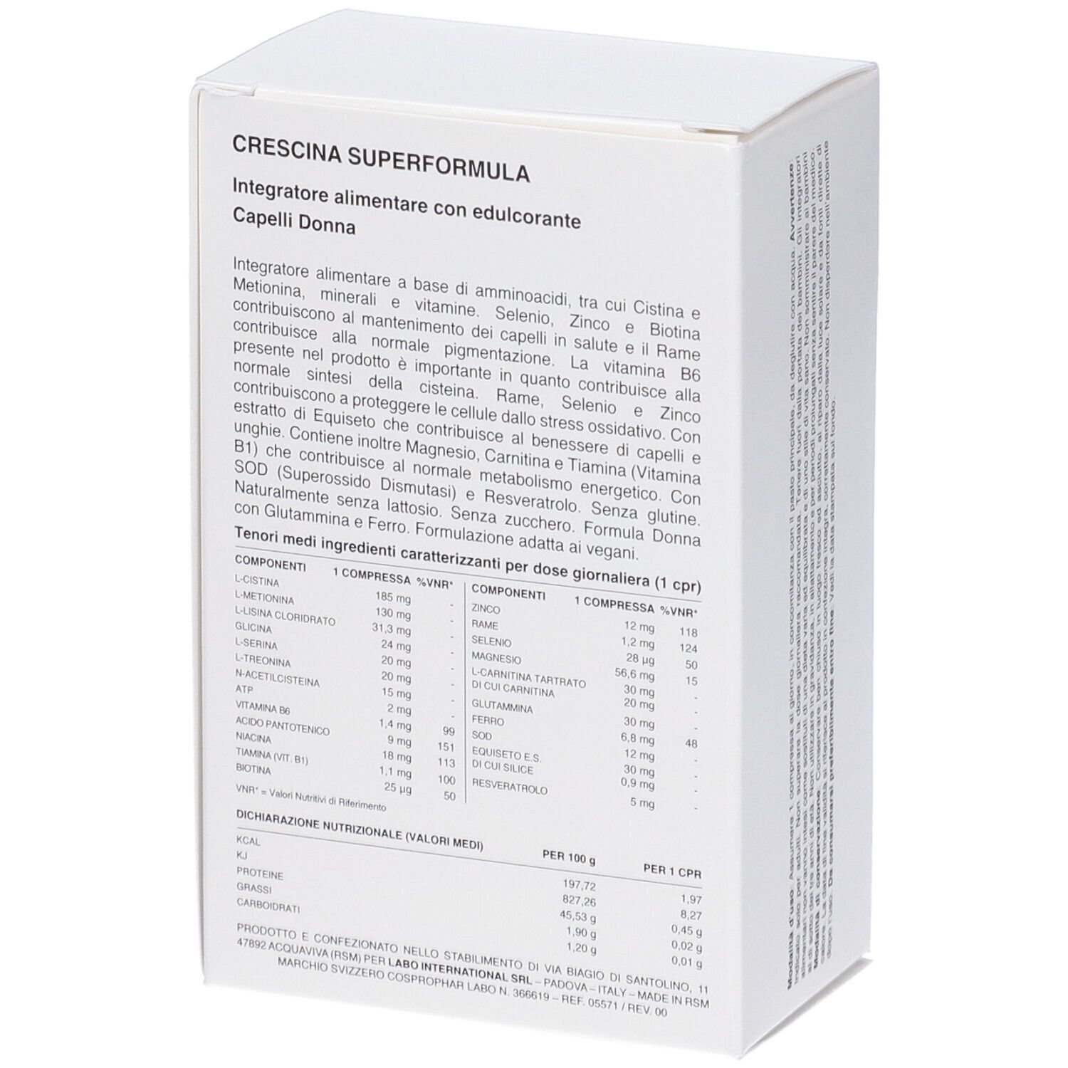 Scatola bianca, Crescina Superformula. Ingredienti e informazioni nutrizionali. Testo in italiano.