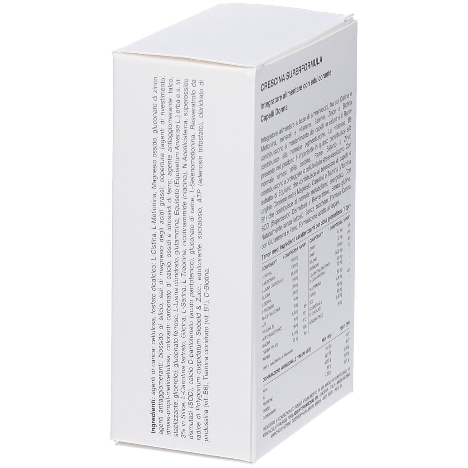 Scatola bianca, Crescina Superformula. Ingredienti. Testo in italiano.
