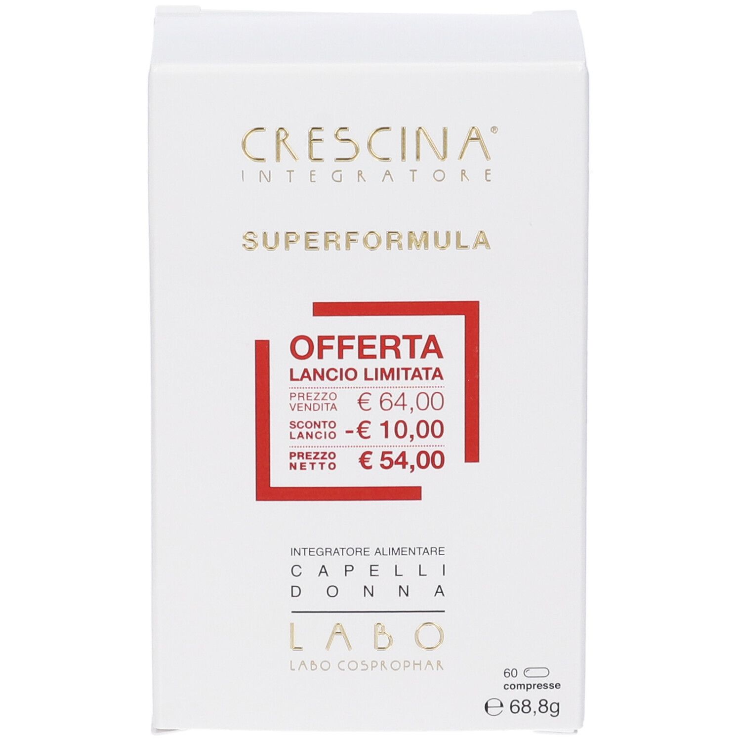 Scatola bianca Crescina Integratore Superformula. Cornice rossa con offerta. 60 compresse.