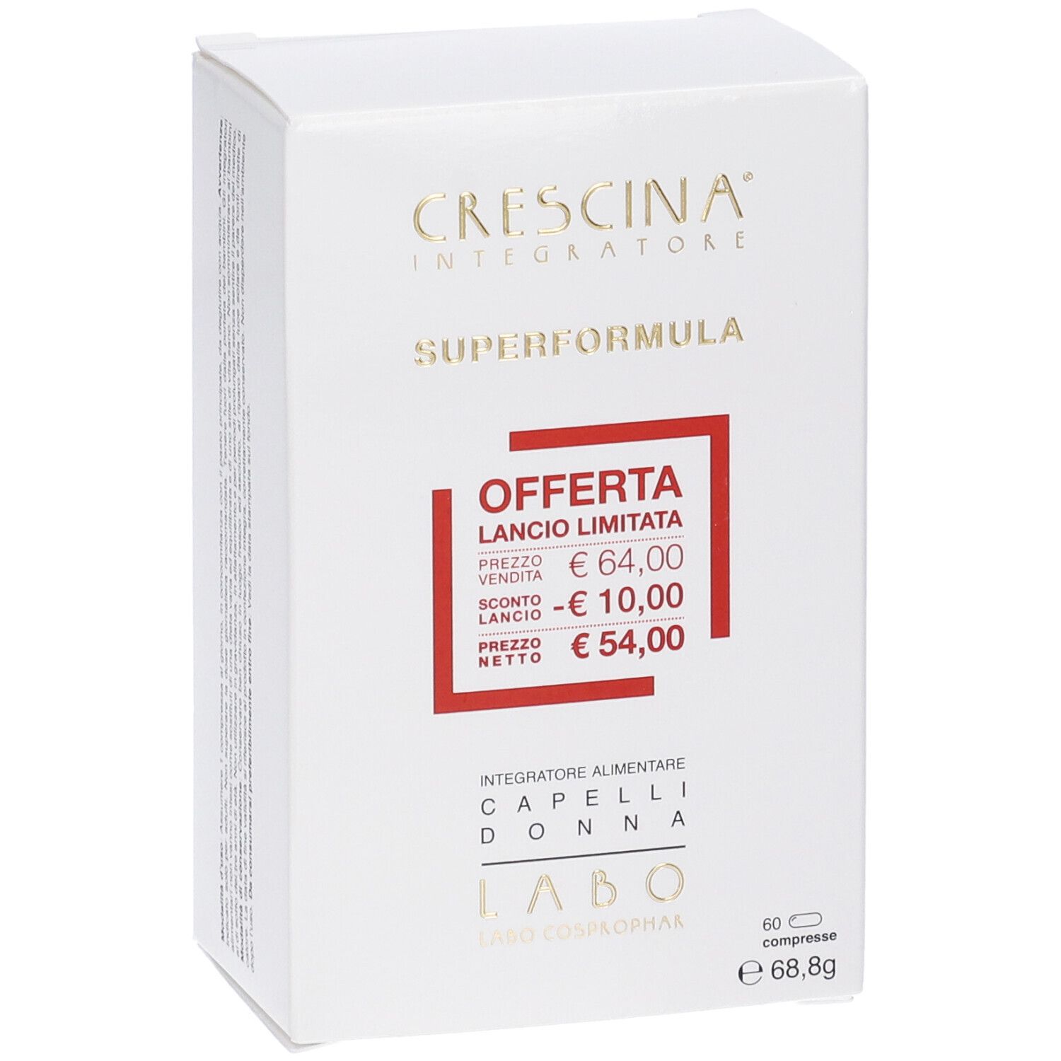 Scatola bianca Crescina Integratore Superformula. Cornice rossa con offerta. 60 compresse.