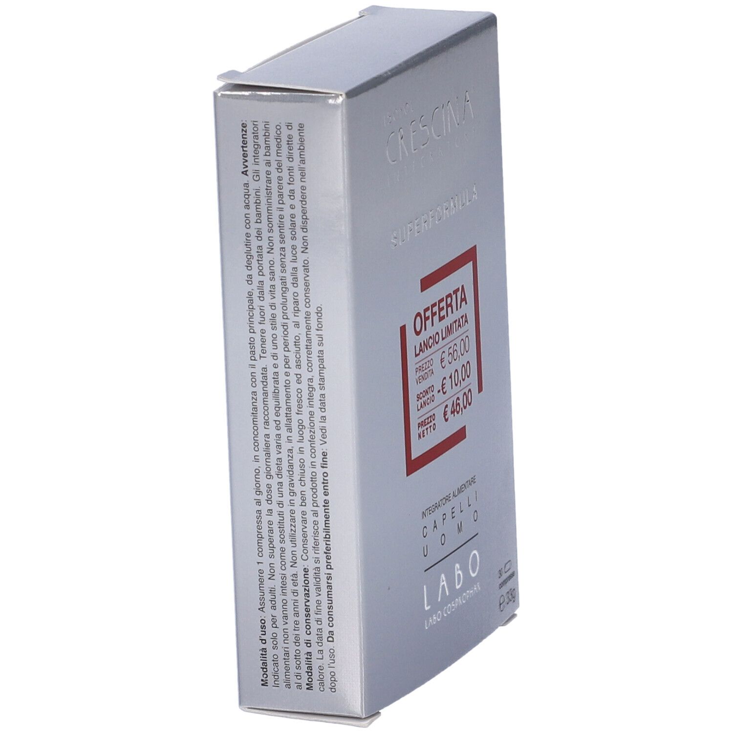 Scatola argento inclinata. Testo: Crescina Superformula. Offerta speciale. Testo: Integratore Alimentare Capelli Uomo.