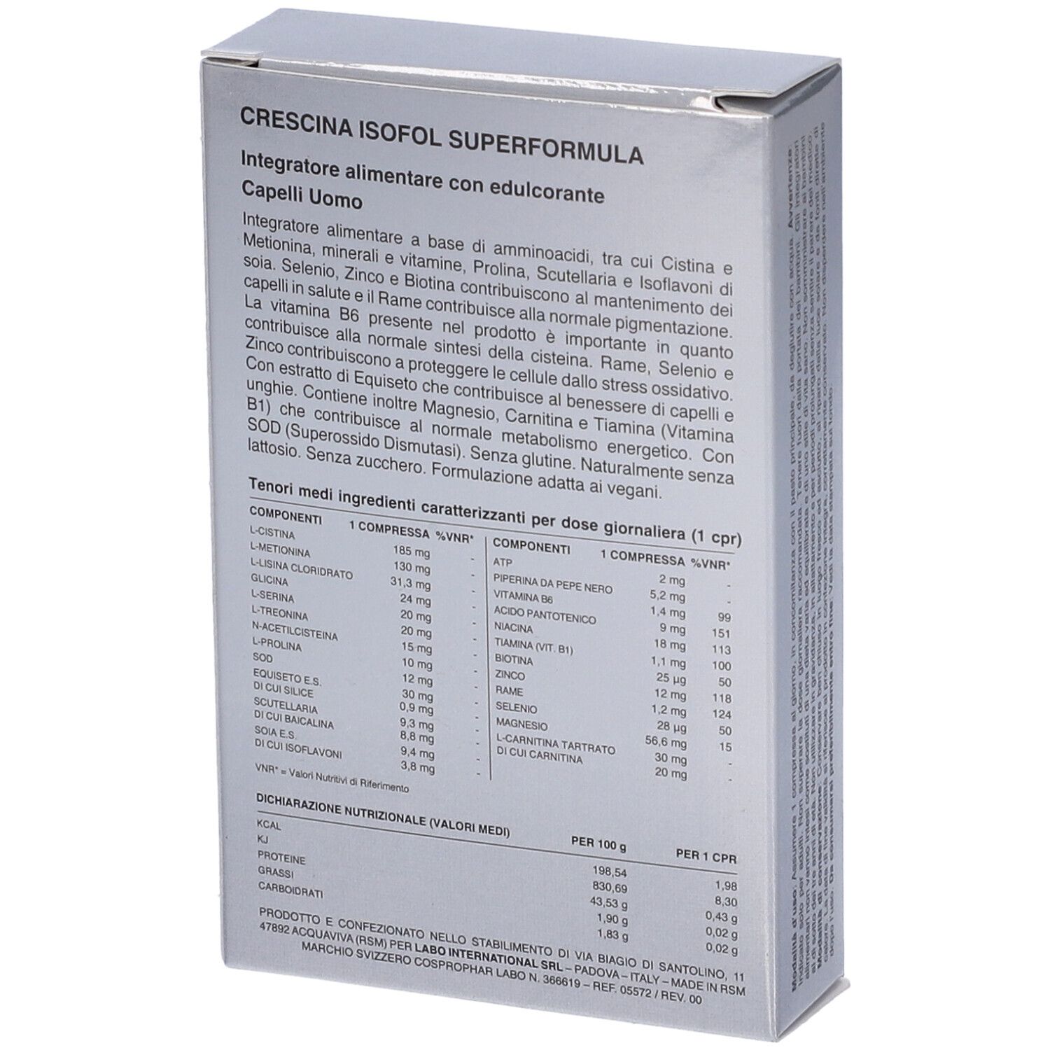 Retro della scatola argento. Testo: Crescina Isofol Superformula. Ingredienti e informazioni nutrizionali.