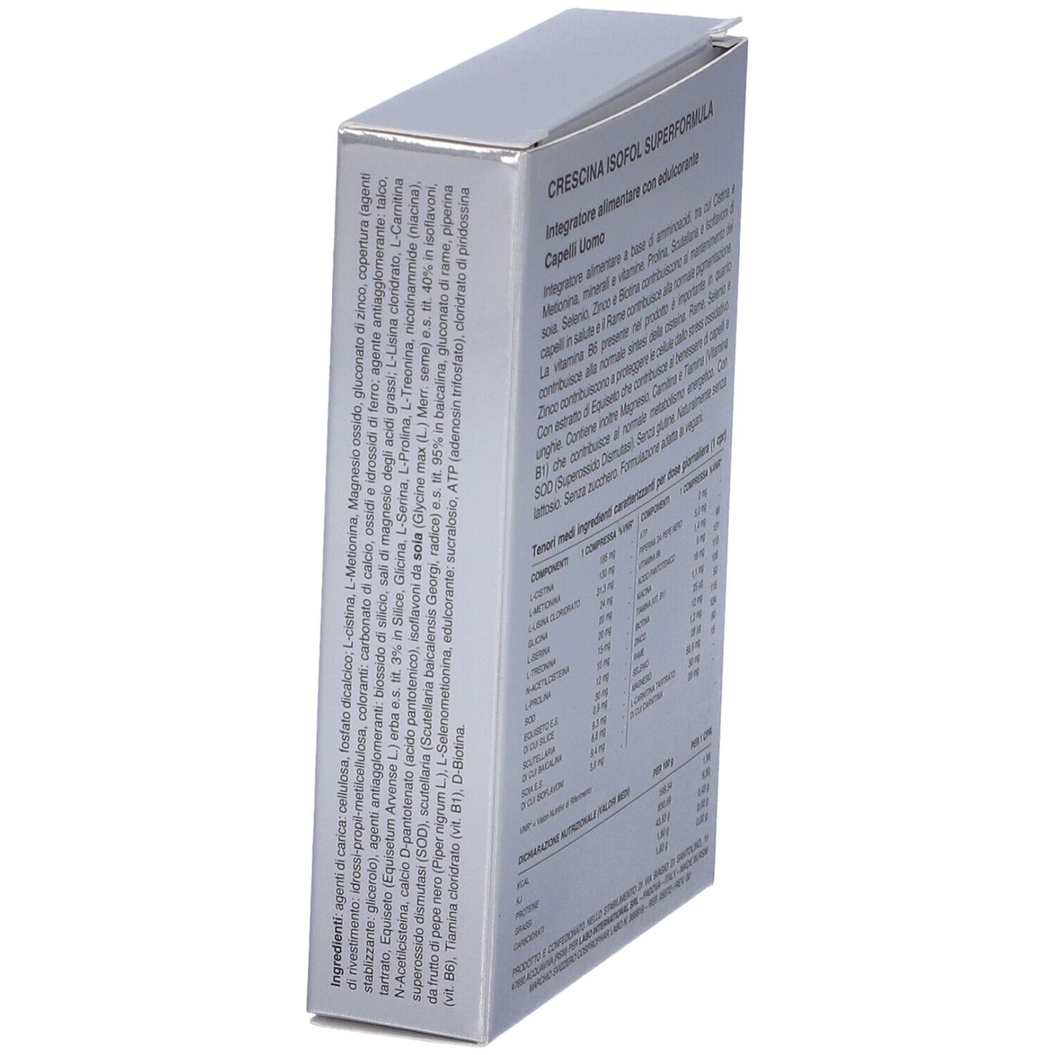 Vista obliqua della scatola argento. Testo: Crescina Isofol Superformula. Ingredienti e informazioni nutrizionali.
