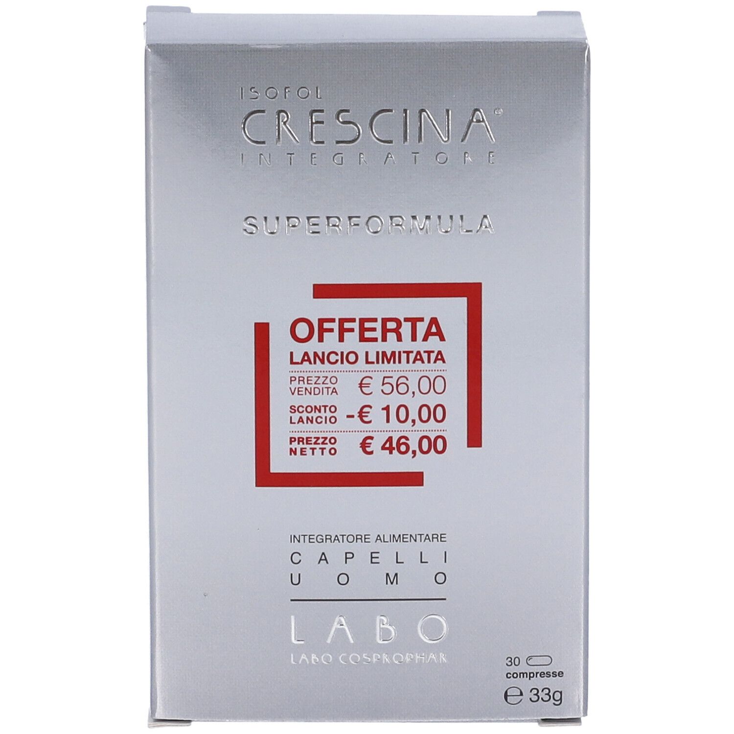 Scatola argento. Testo: Crescina, Superformula. Offerta speciale. Testo: Integratore Alimentare Capelli Uomo. 30 compresse.