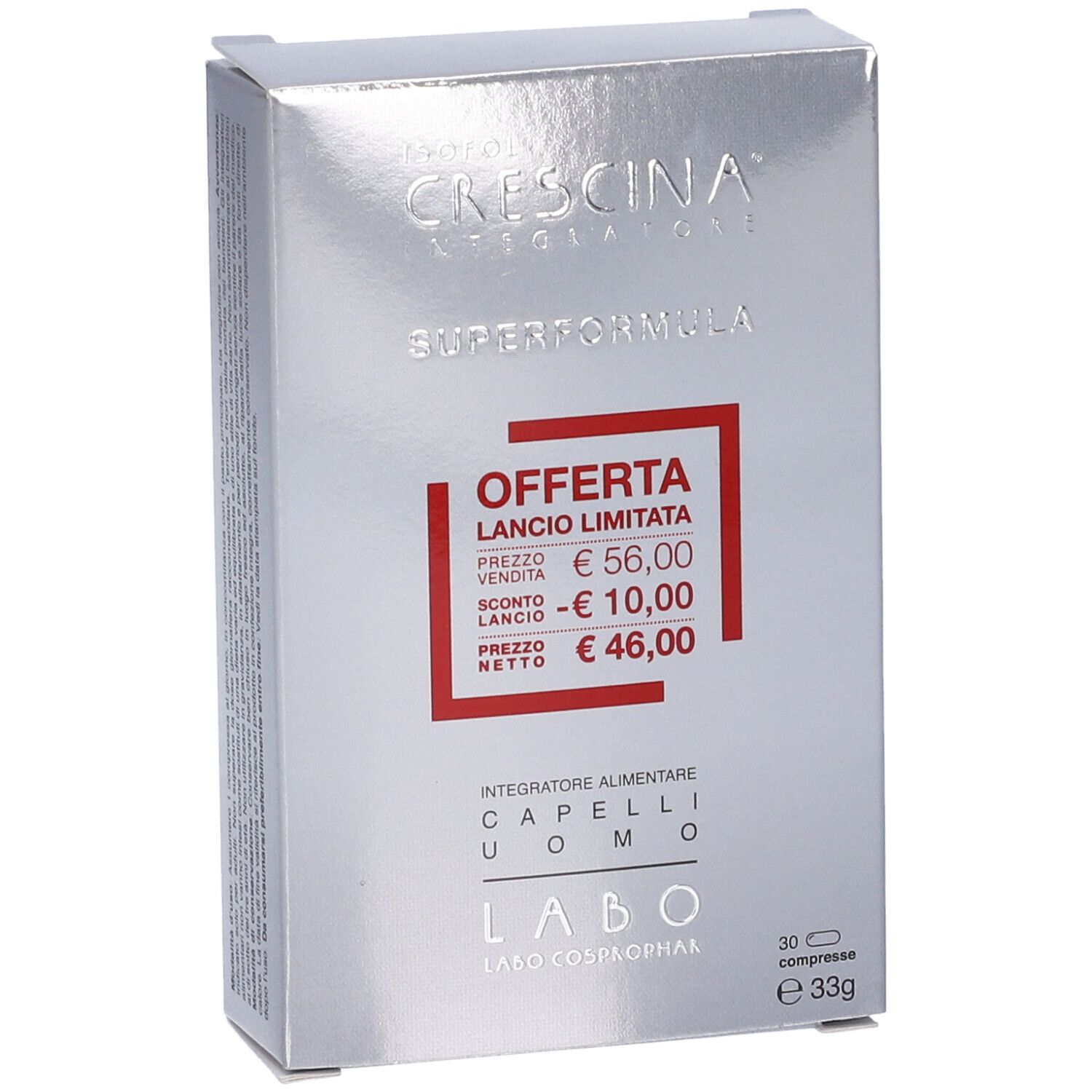 Scatola argento. Testo: Crescina, Superformula. Offerta speciale. Testo: Integratore Alimentare Capelli Uomo. 30 compresse.