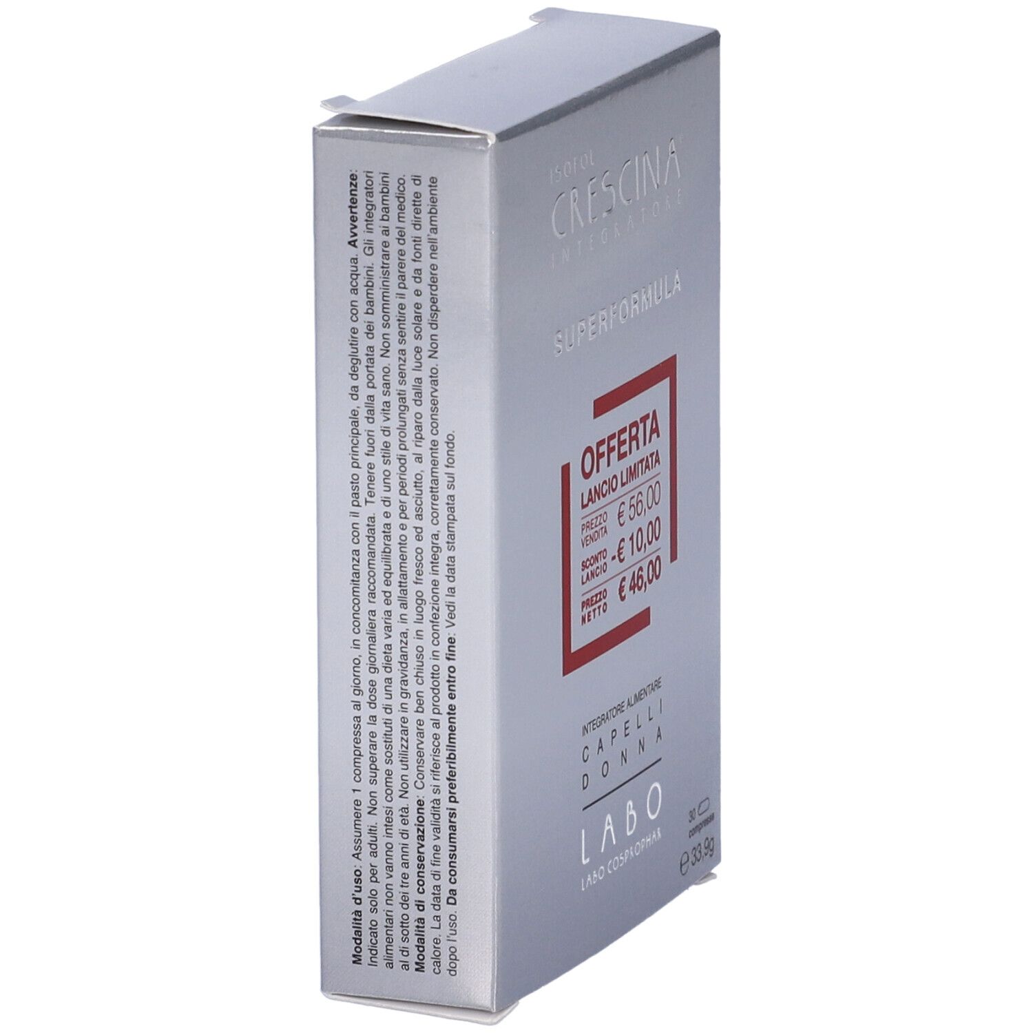 Scatola argentata, vista laterale. Testo: Crescina, Superformula. Adesivo rosso con sconto. Testo in italiano.