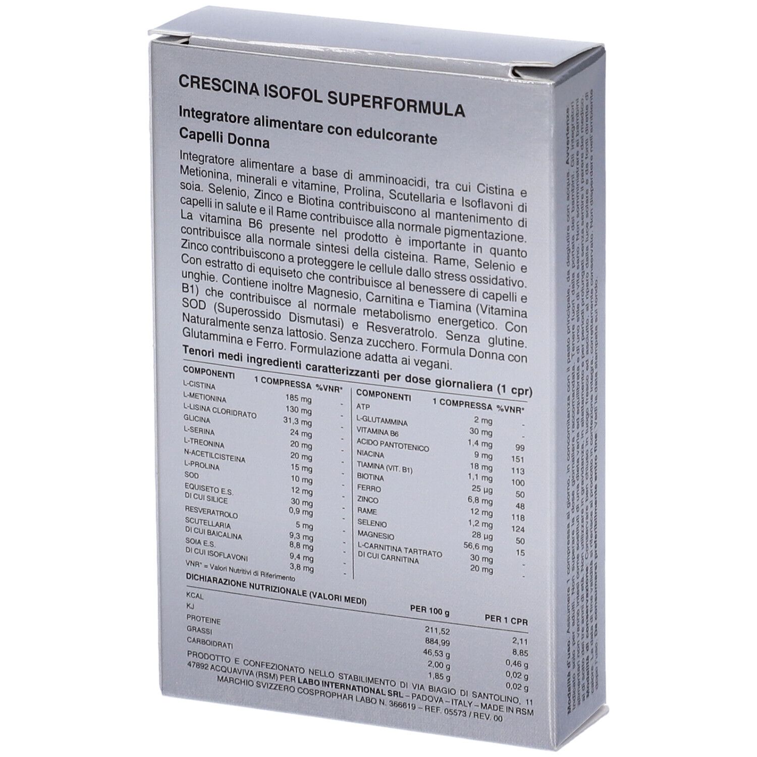 Retro della scatola argentata. Testo: Crescina Isofol Superformula, Capelli Donna. Ingredienti e informazioni nutrizionali.