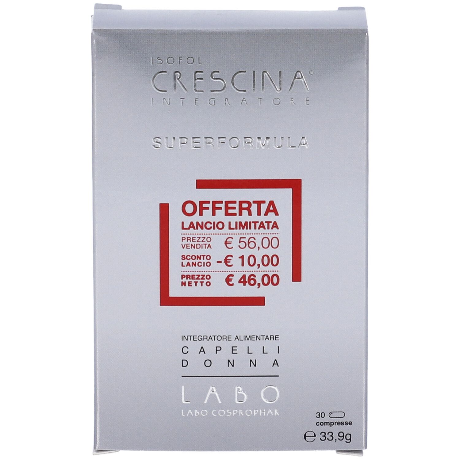 Scatola argentata con informazioni sul prodotto. Adesivo rosso con sconto. Testo: Crescina, Superformula, Capelli Donna.