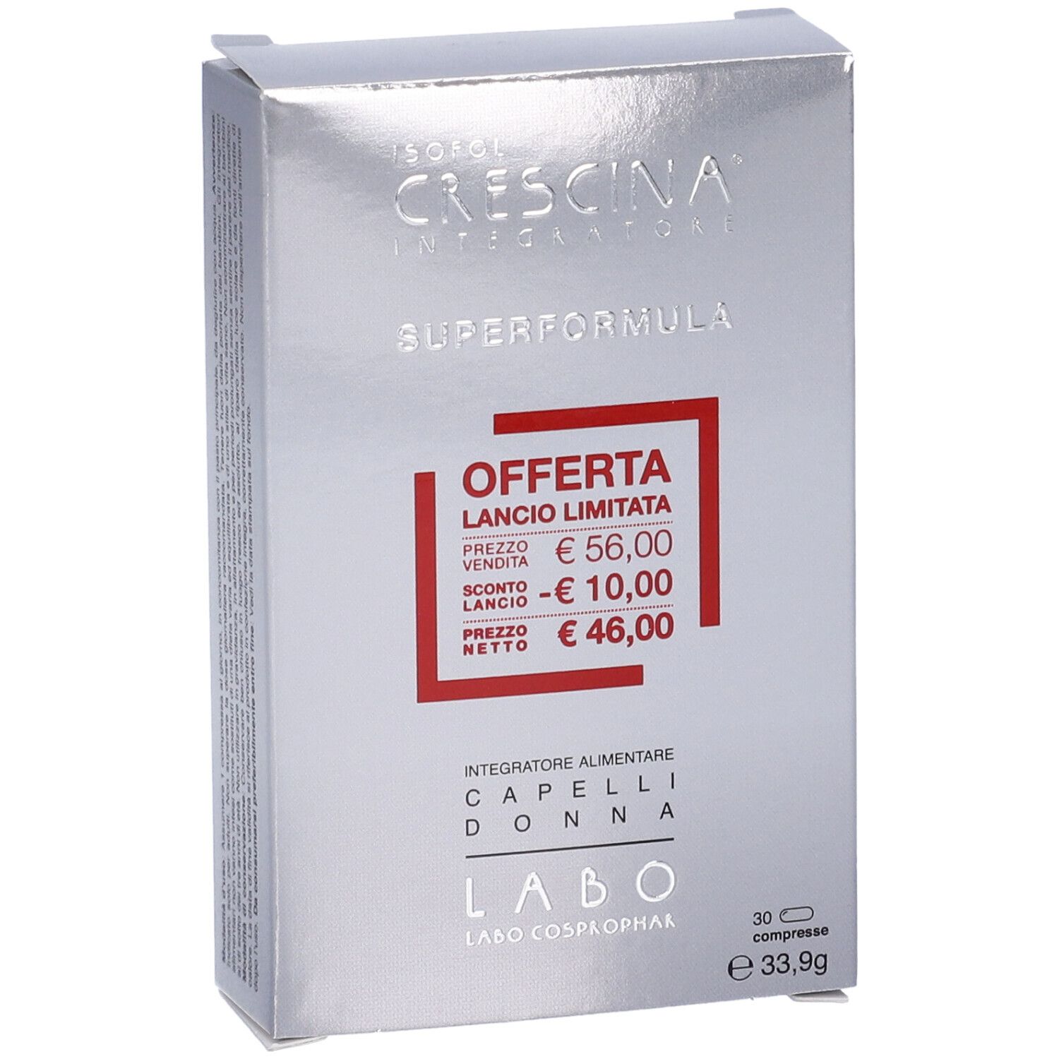 Scatola argentata con informazioni sul prodotto. Adesivo rosso con sconto. Testo: Crescina, Superformula, Capelli Donna.