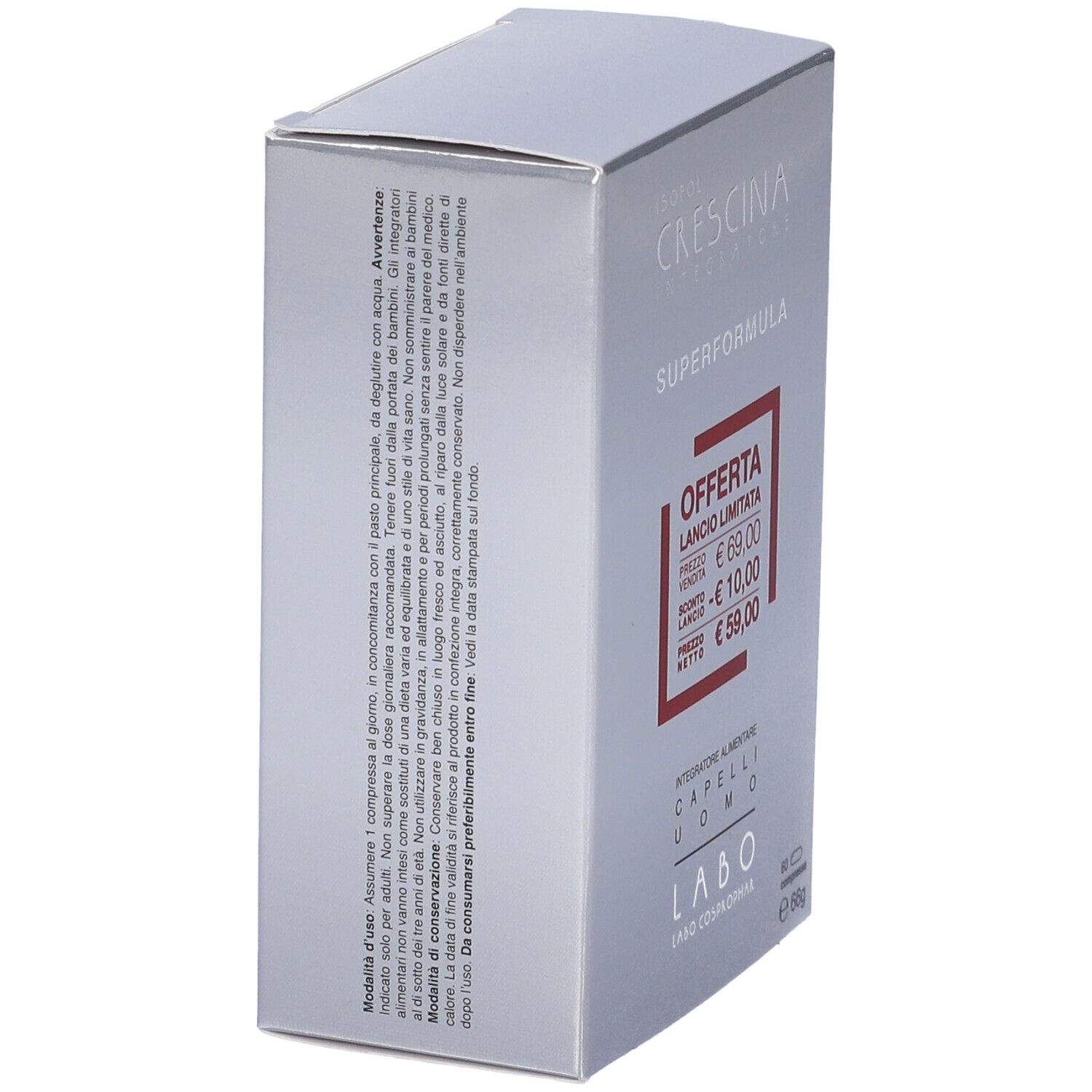Scatola argentata, Crescina Integratore Superformula. Cornice rossa con prezzi. Testo italiano. 60 compresse, 66g.