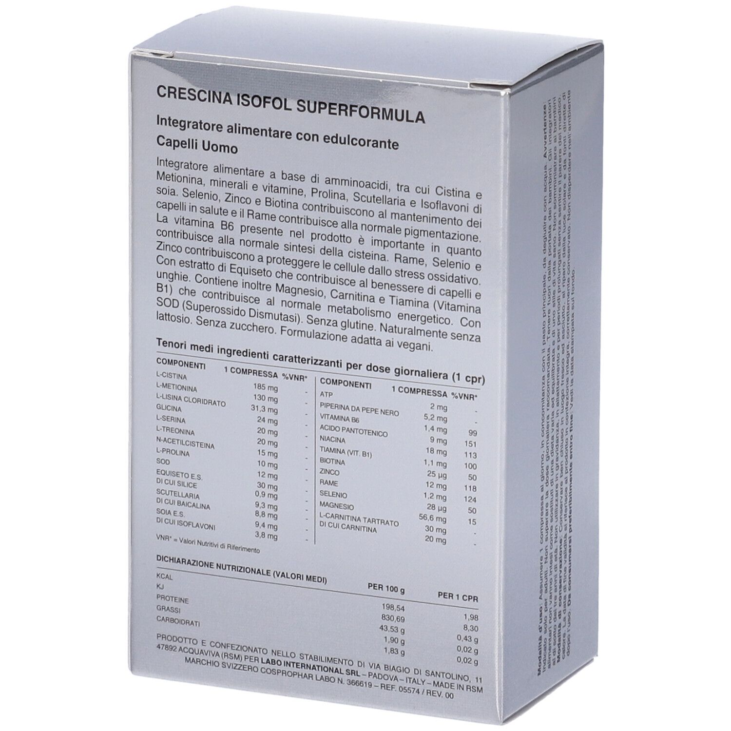 Retro della scatola. Testo italiano. Crescina Isofol Superformula. Ingredienti e informazioni nutrizionali.