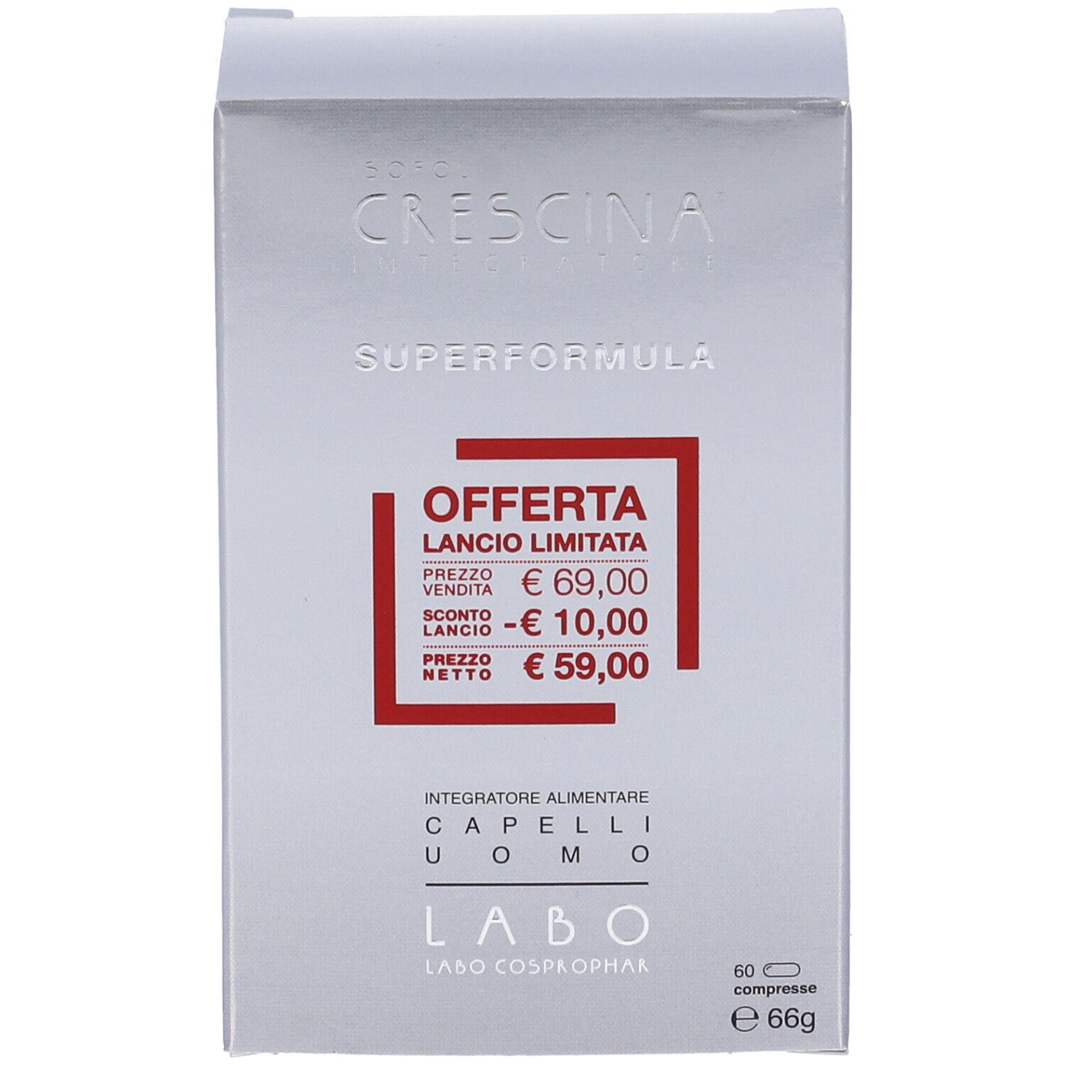 Scatola argentata Crescina Superformula. Cornice rossa con prezzi. 60 compresse, 66g. LABO, per capelli uomo.