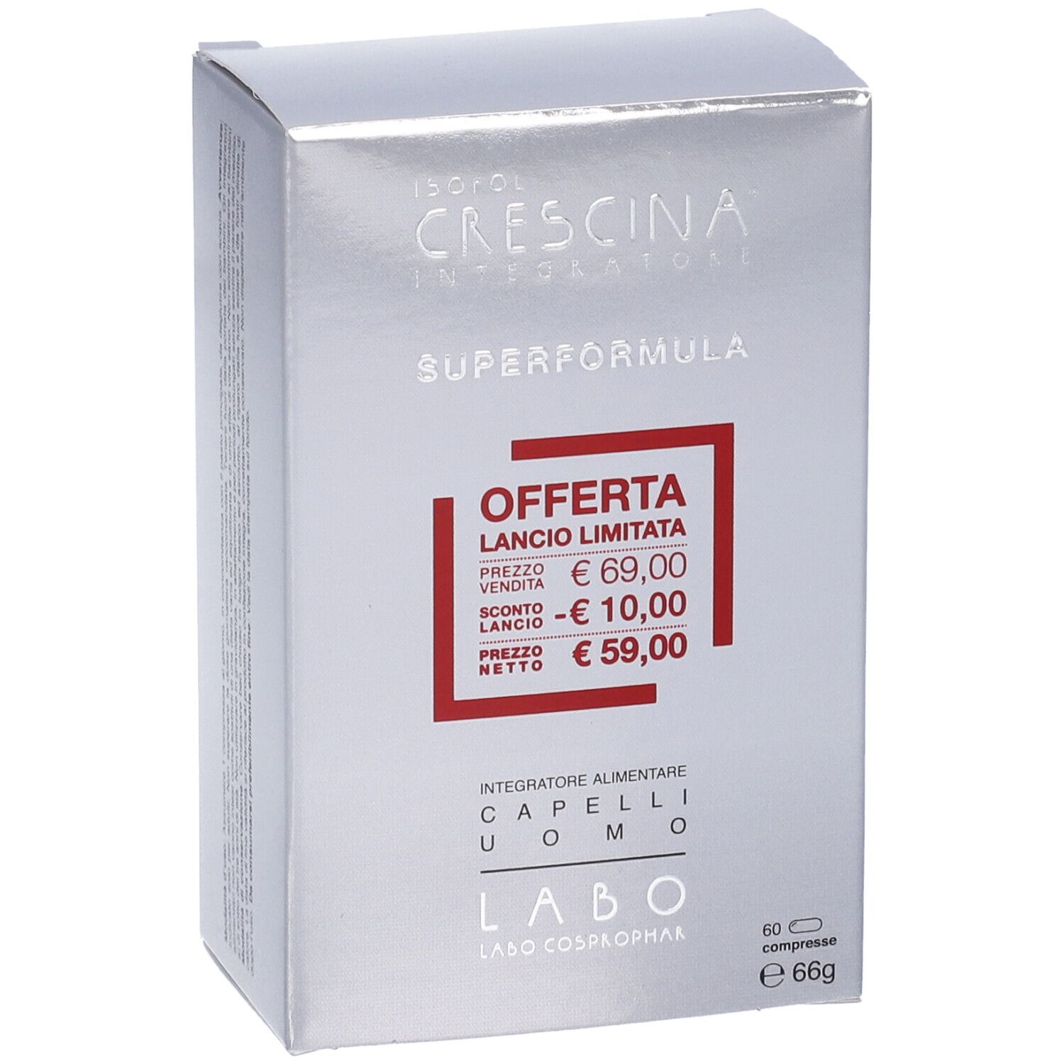 Scatola argentata Crescina Superformula. Cornice rossa con prezzi. 60 compresse, 66g. LABO, per capelli uomo.