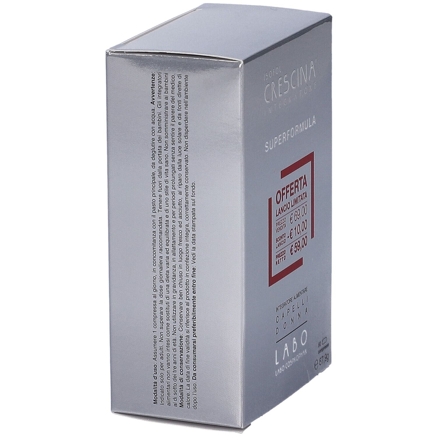 Scatola Crescina Integratore Superformula, vista laterale. Testo con istruzioni e ingredienti. Contiene 60 compresse.