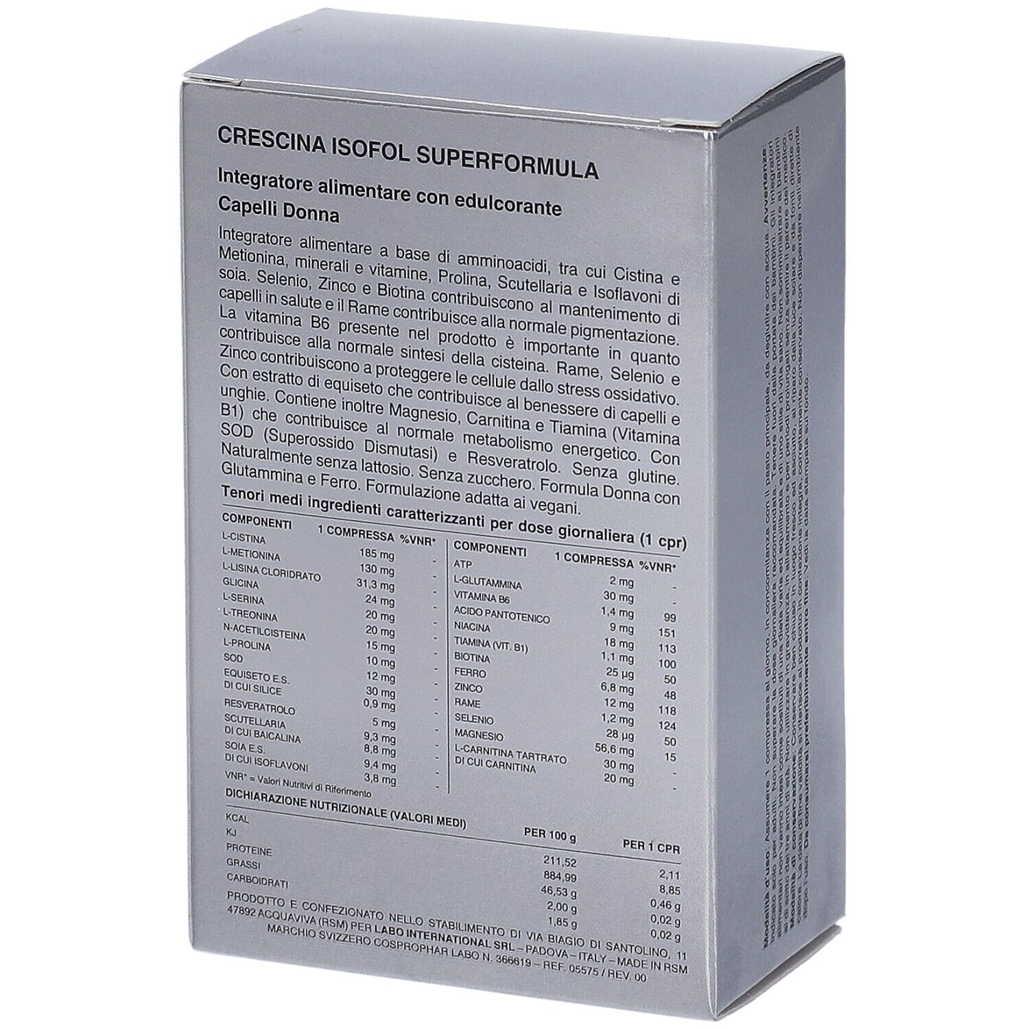 Retro della scatola Crescina Integratore Superformula. Elenco ingredienti e valori nutrizionali per compressa.