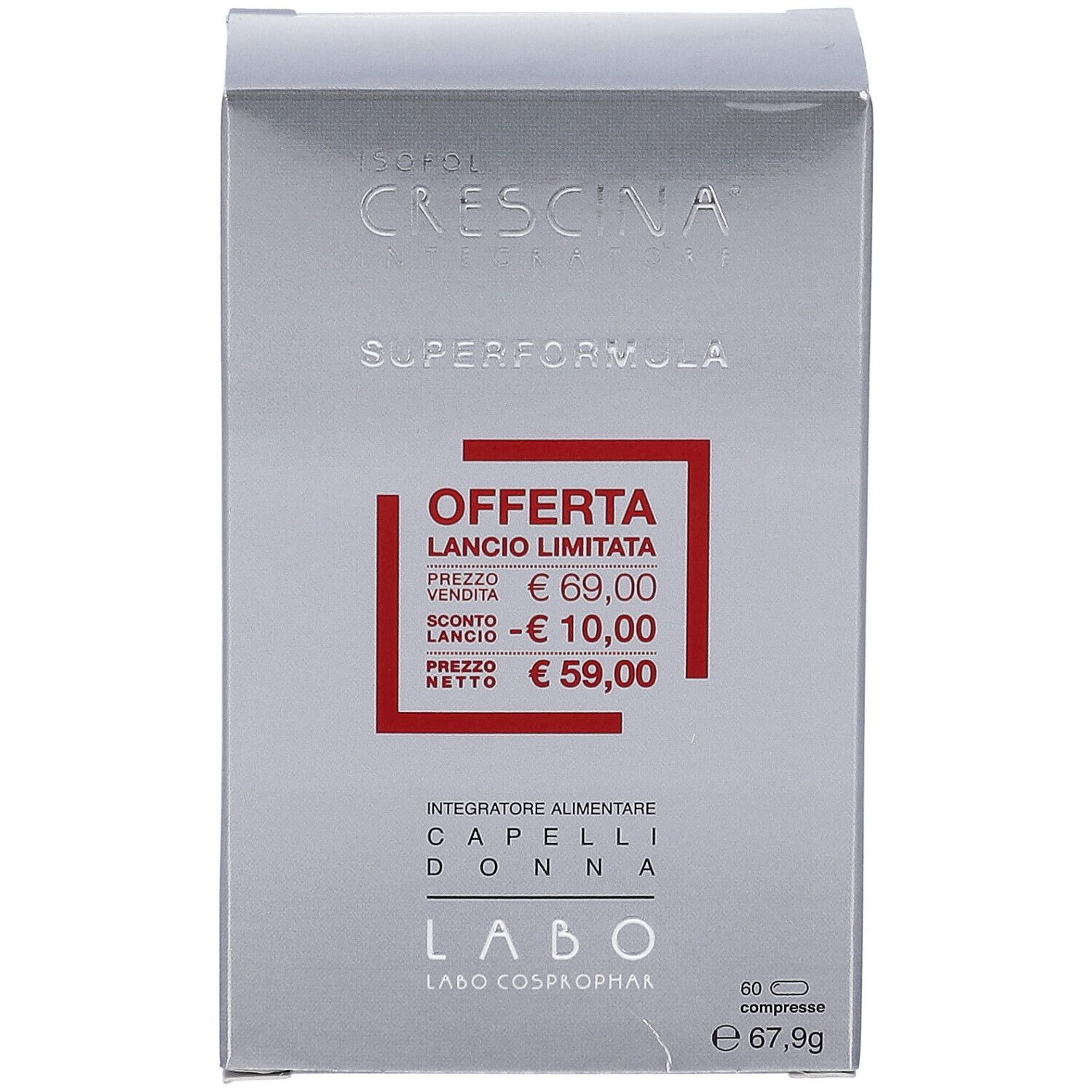 Scatola Crescina Integratore Superformula. Offerta lancio: 59,00 €. Contiene 60 compresse. Informazioni prodotto.