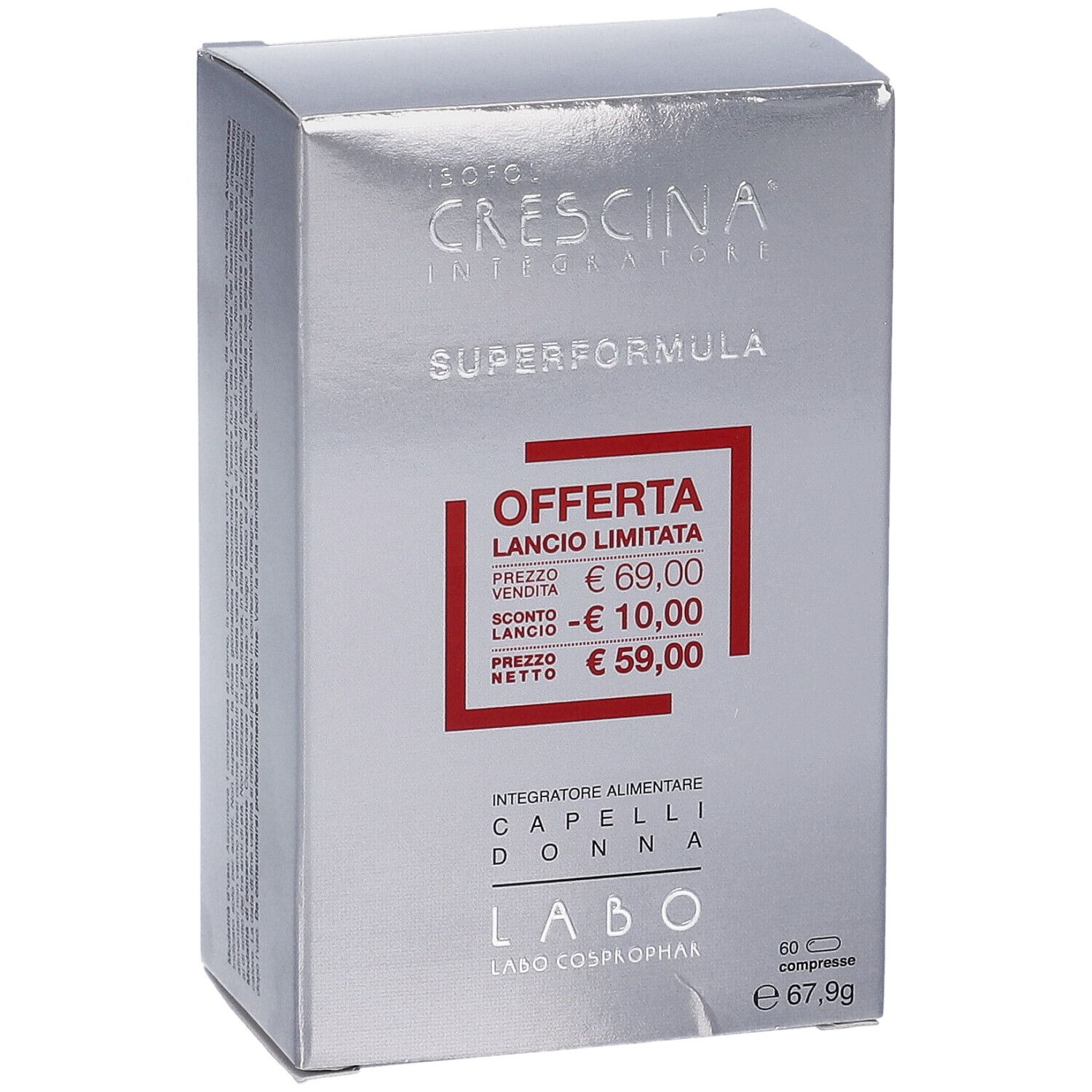 Scatola Crescina Integratore Superformula. Offerta lancio: 59,00 €. Contiene 60 compresse. Informazioni prodotto.