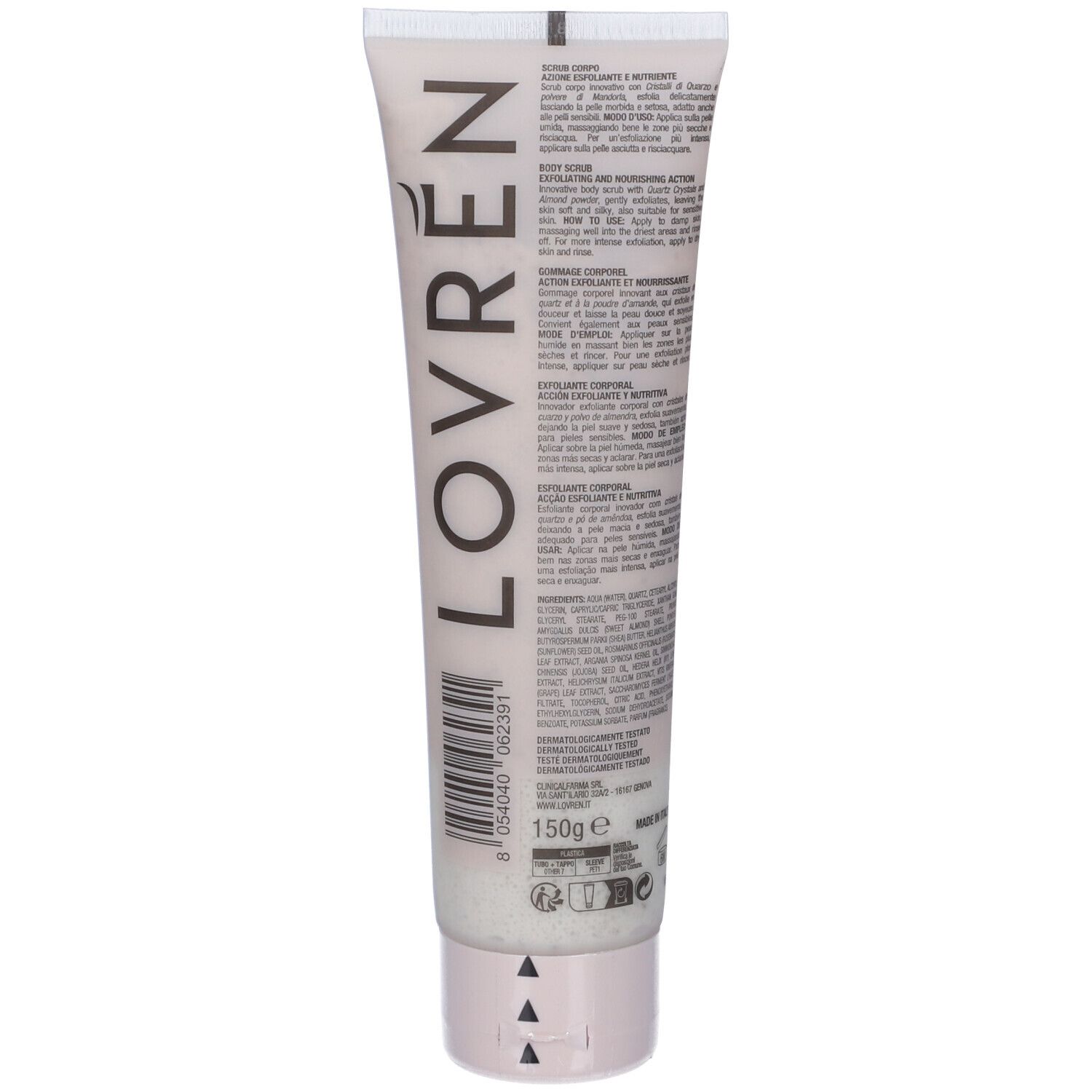 Retro del tubo LOVREN SCRUB CORPO. Testo, codice a barre, 150g. Tappo in basso.