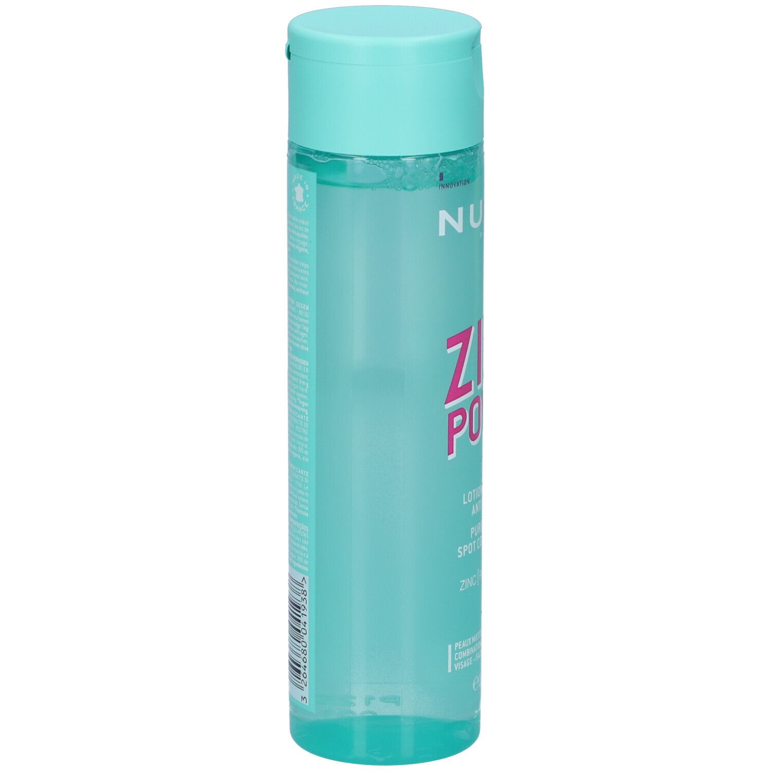 Flacone turchese Nuxe Zinc Power. Scritta rosa. Lato con informazioni sul prodotto. Tappo superiore.