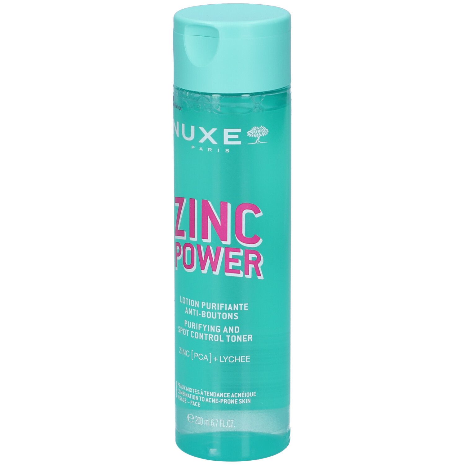 Flacone turchese Nuxe Zinc Power. Scritta rosa. Lozione purificante anti-imperfezioni. Tappo superiore.