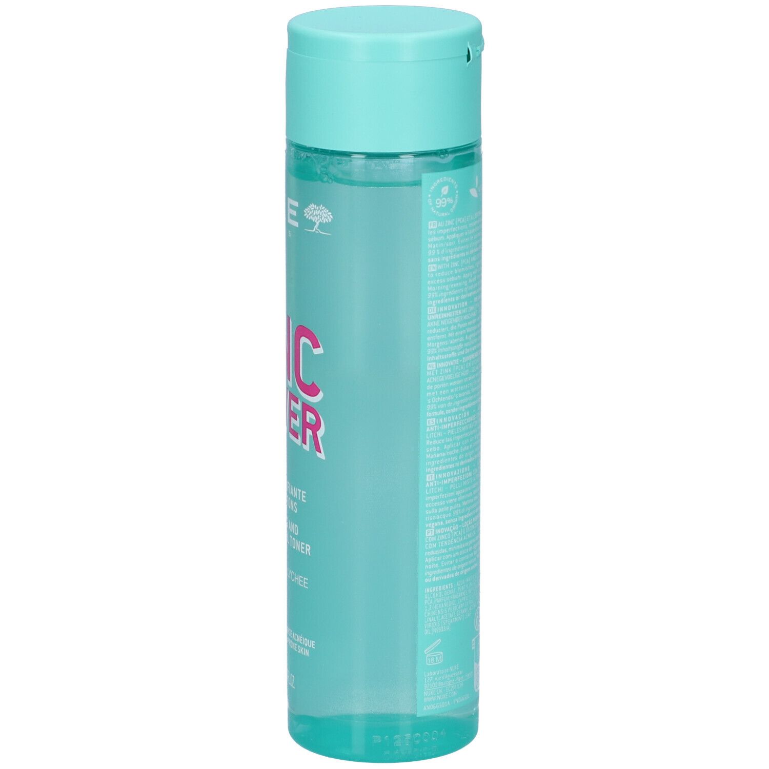 Flacone turchese Nuxe Zinc Power. Scritta rosa. Lato con informazioni sul prodotto. Tappo superiore.