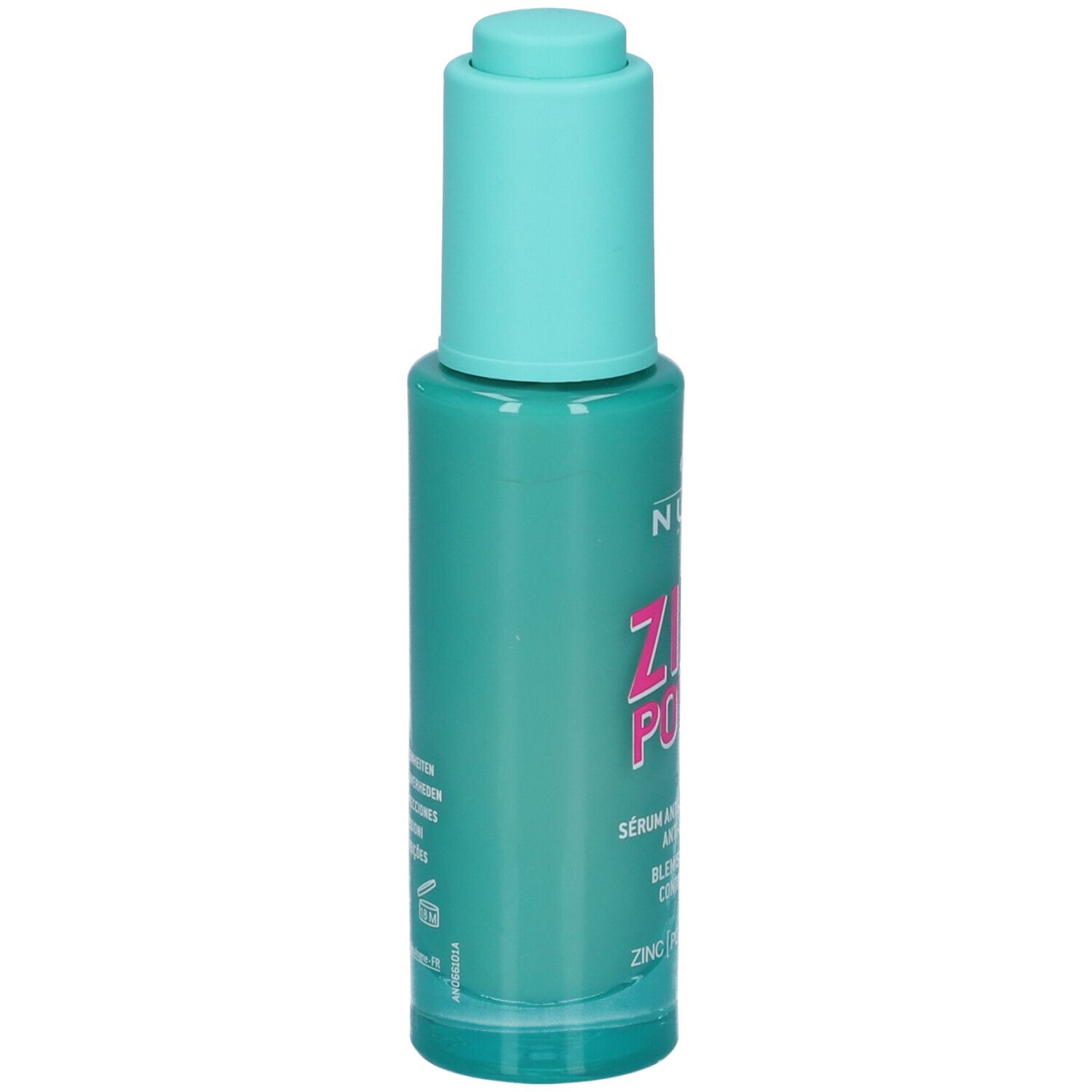 Flacone turchese con tappo blu. Scritta: Nuxe, ZINC POWER, siero anti-imperfezioni. Contiene zinco e litchi.
