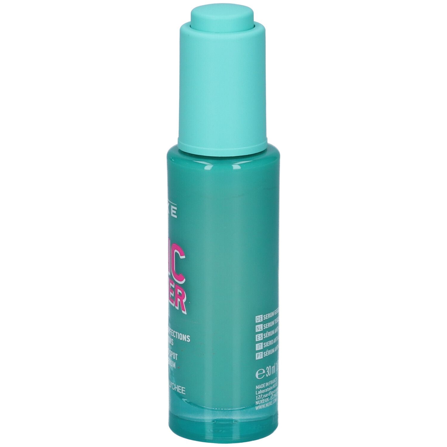 Flacone turchese con tappo blu. Scritta: Nuxe, ZINC POWER, siero anti-imperfezioni. Contiene zinco e litchi.