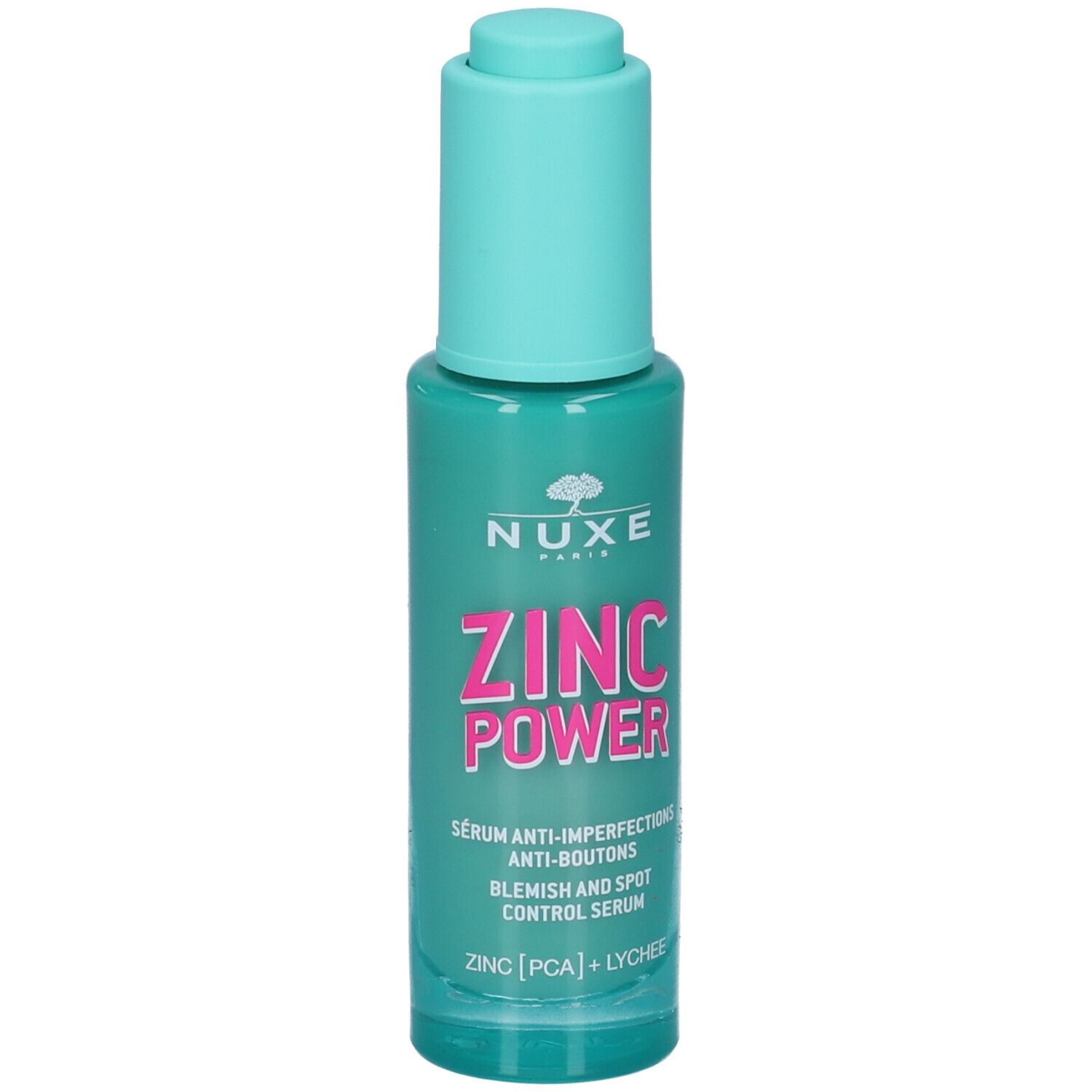 Flacone turchese con tappo blu. Scritta: Nuxe, ZINC POWER, siero anti-imperfezioni. Contiene zinco e litchi.