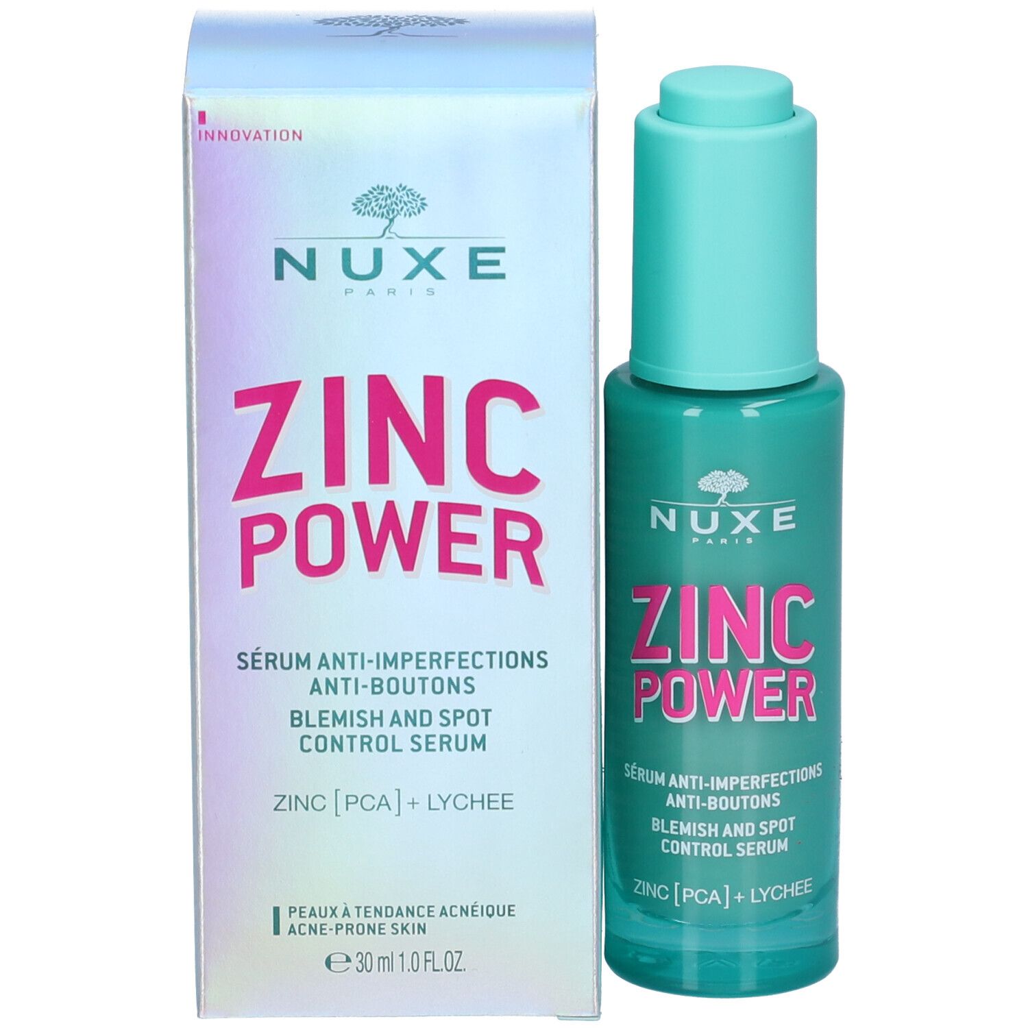 Prodotto e confezione. Flacone turchese con tappo blu e scatola. Scritta: Nuxe, ZINC POWER, siero anti-imperfezioni.
