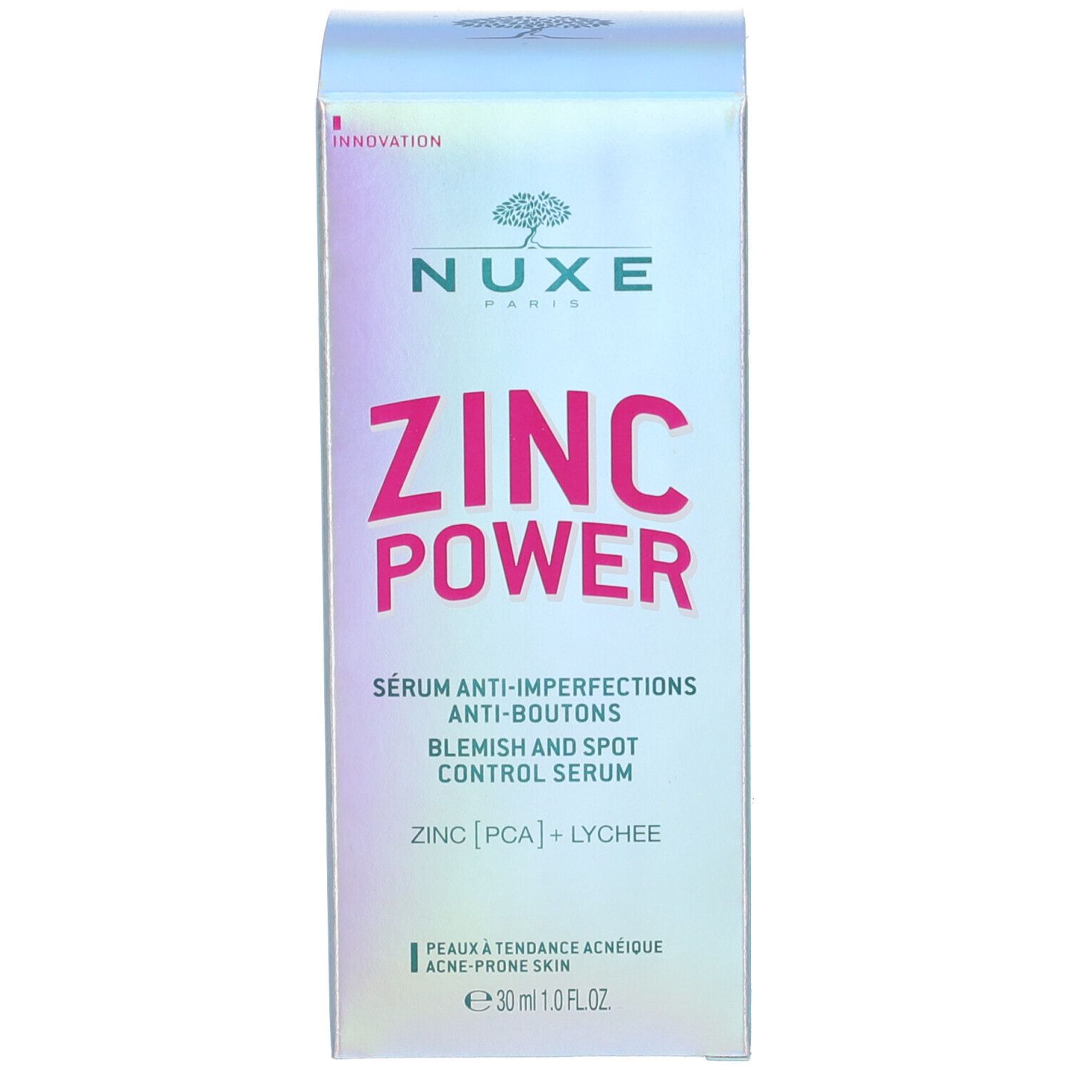 Prodotto e confezione. Flacone turchese con tappo blu e scatola. Scritta: Nuxe, ZINC POWER, siero anti-imperfezioni.
