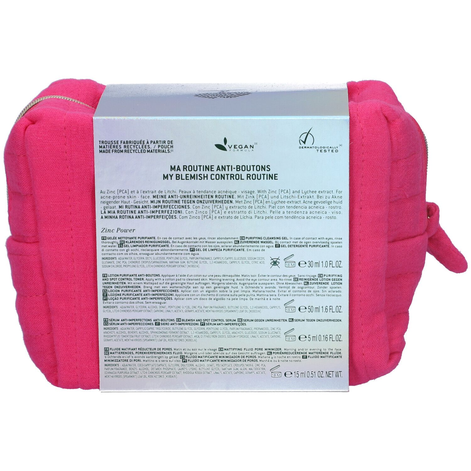 Retro della borsetta rosa con prodotti Nuxe. Testo multilingue. Logo Vegan e Dermatologicamente testato.