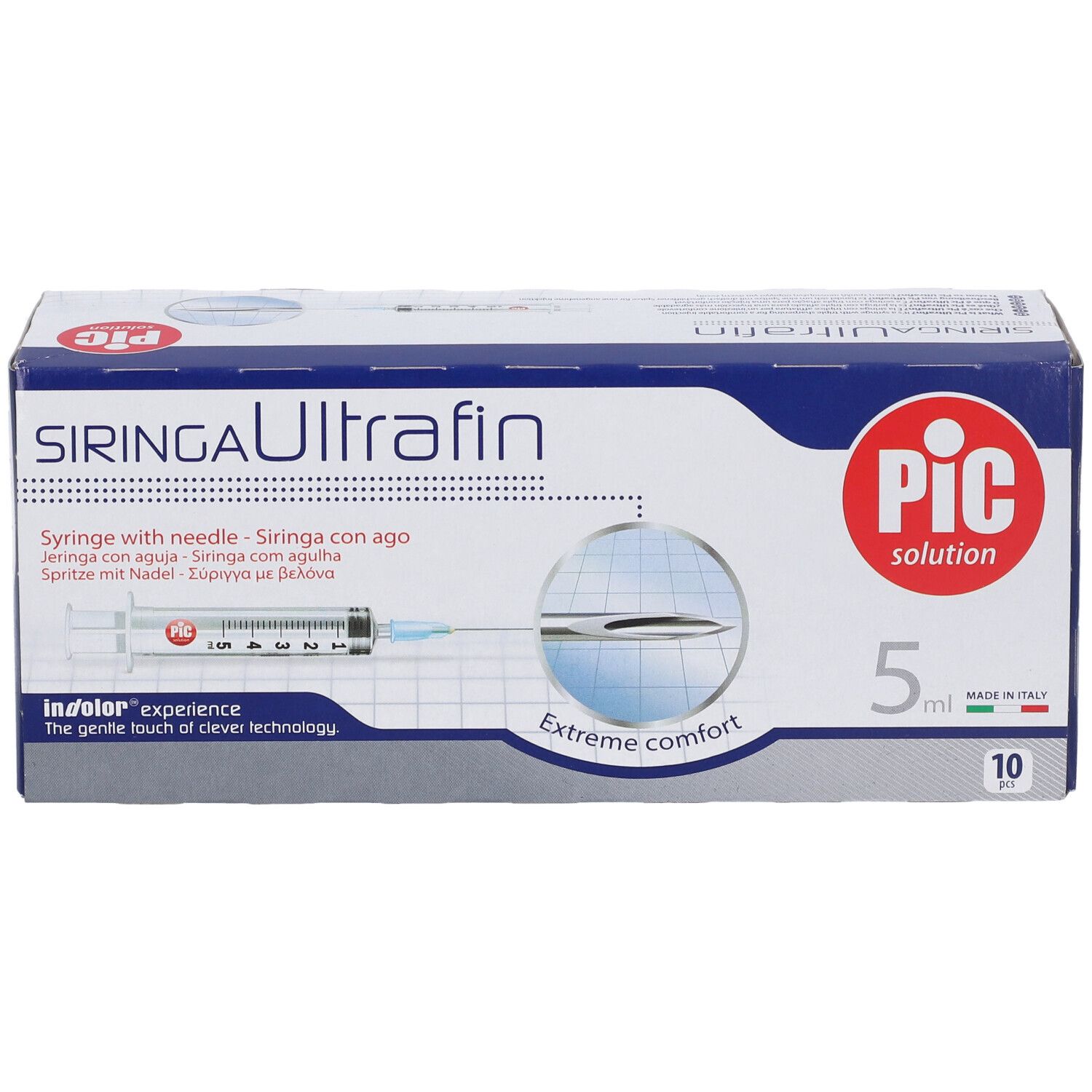 Confezione di siringhe. Scatola bianca e blu con nome e logo del prodotto. 5 ml, 10 pezzi.