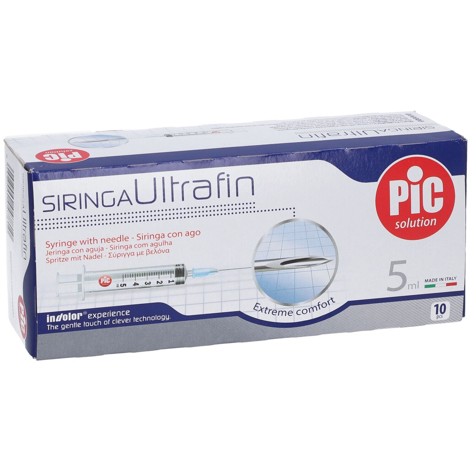 Confezione di siringhe. Scatola bianca e blu con nome e logo del prodotto. 5 ml, 10 pezzi.