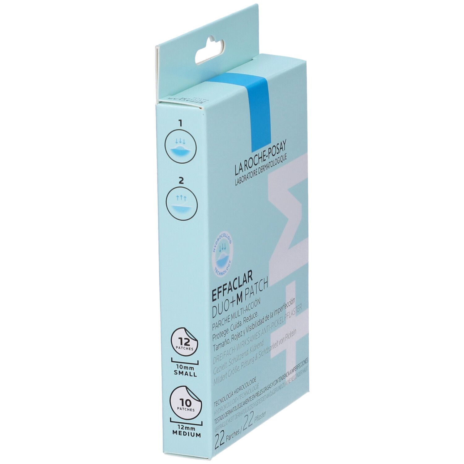 Vista laterale della confezione di cerotti La Roche-Posay Effaclar Duo+M. 22 cerotti. La confezione mostra le dimensioni: 12 piccole, 10 medie.
