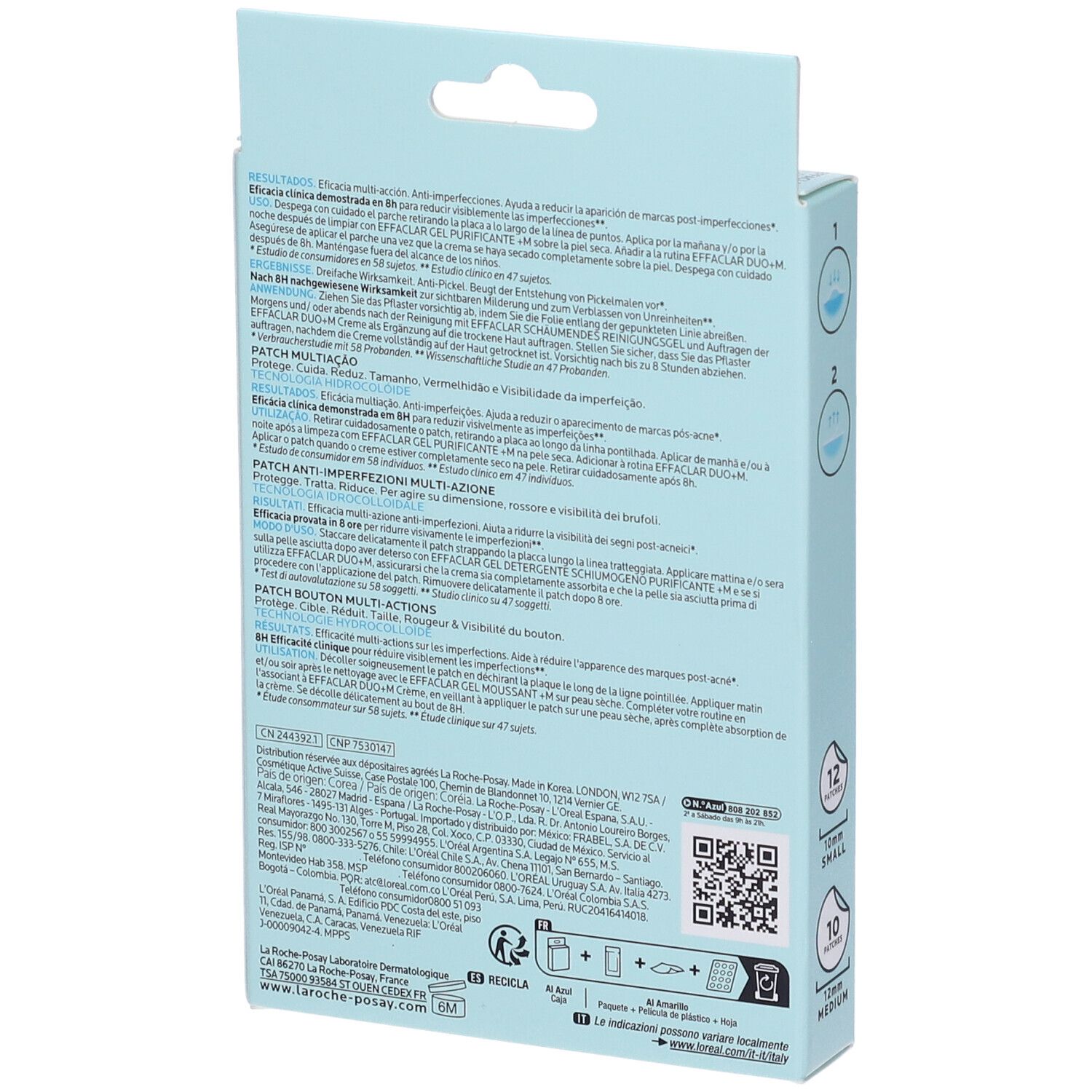 Retro della confezione di cerotti La Roche-Posay Effaclar Duo+M. Testo multilingue. Codice QR e simboli di riciclaggio.