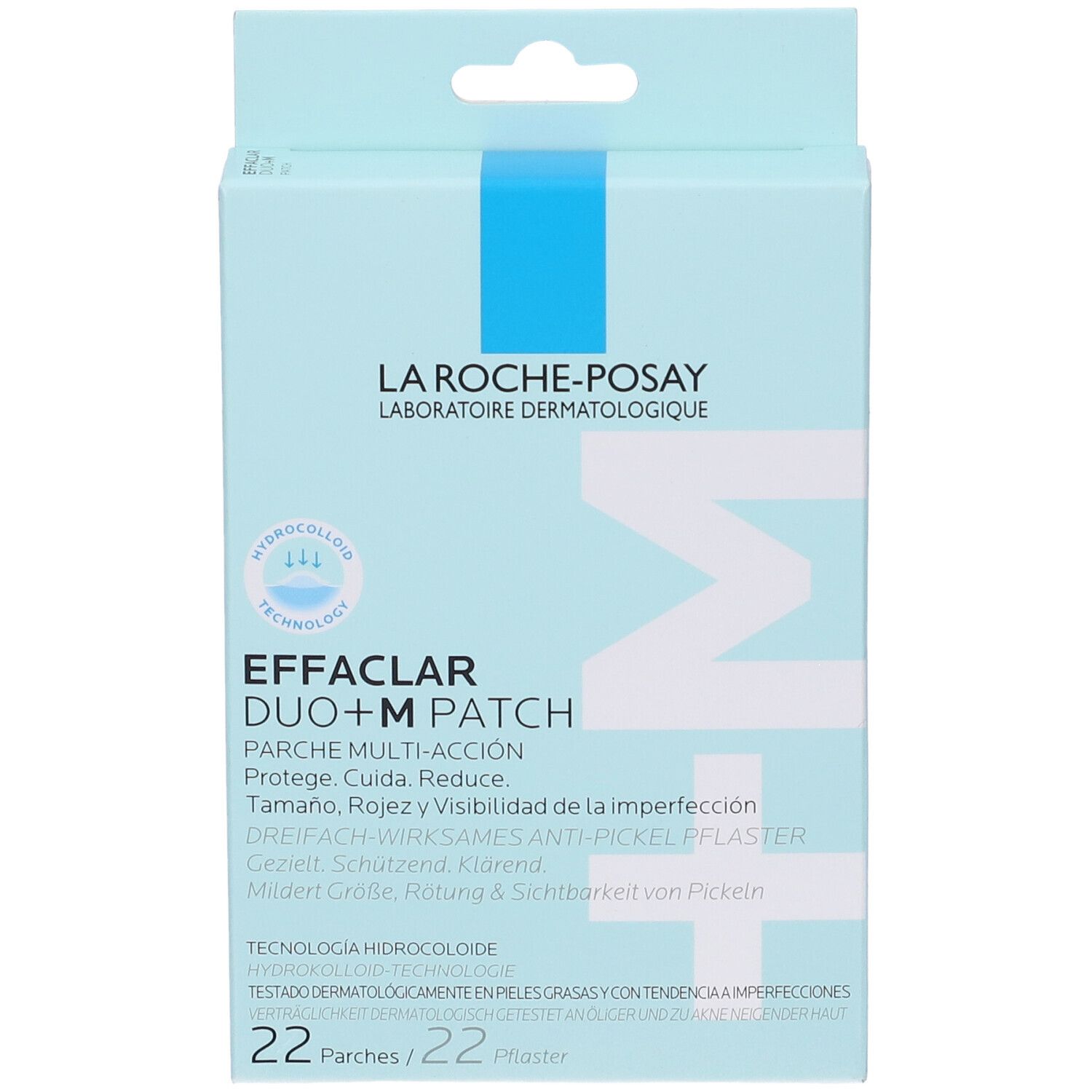 Confezione di cerotti La Roche-Posay Effaclar Duo+M. 22 cerotti. Confezione blu e bianca con nome e logo del prodotto.