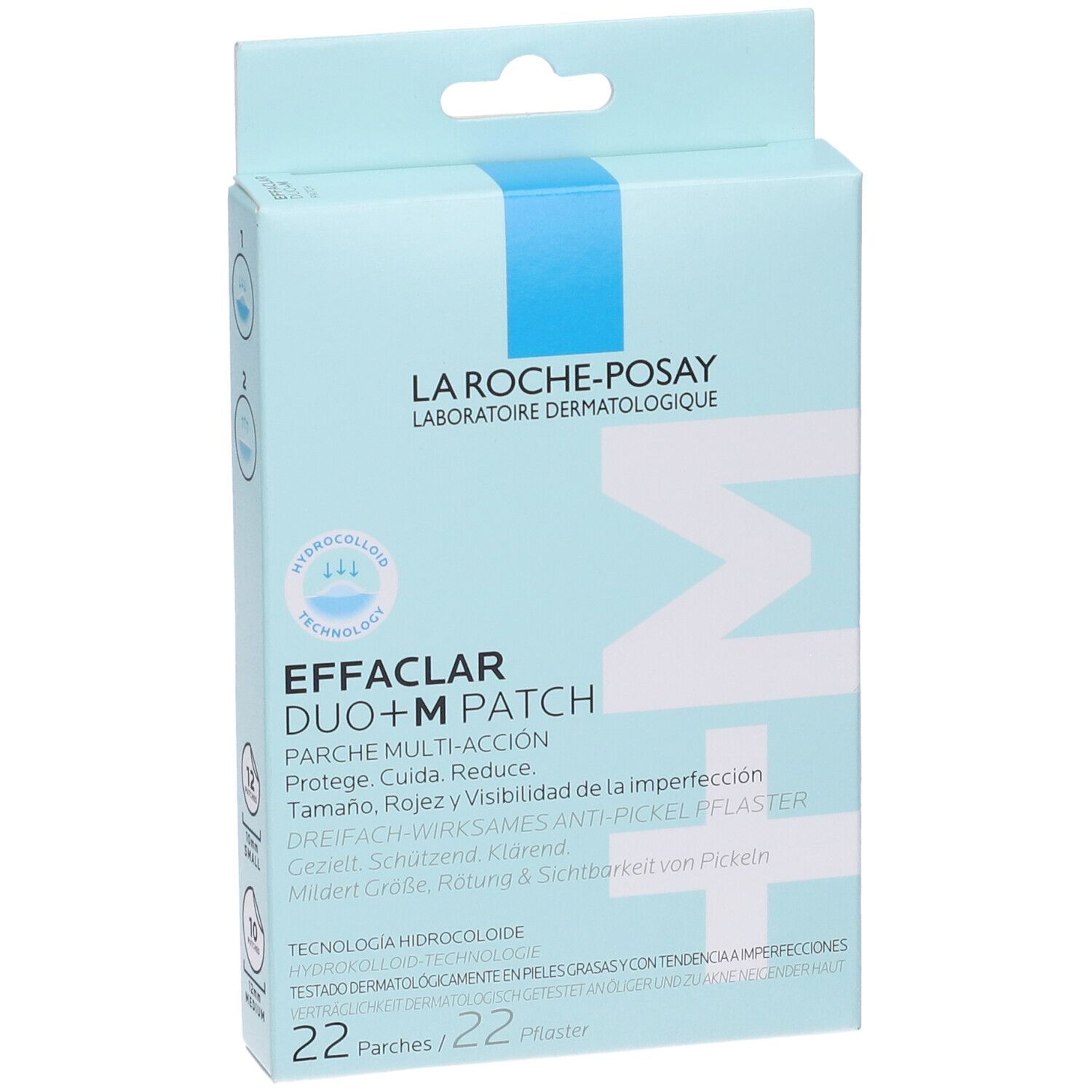 Confezione di cerotti La Roche-Posay Effaclar Duo+M. 22 cerotti. Confezione blu e bianca con nome e logo del prodotto.