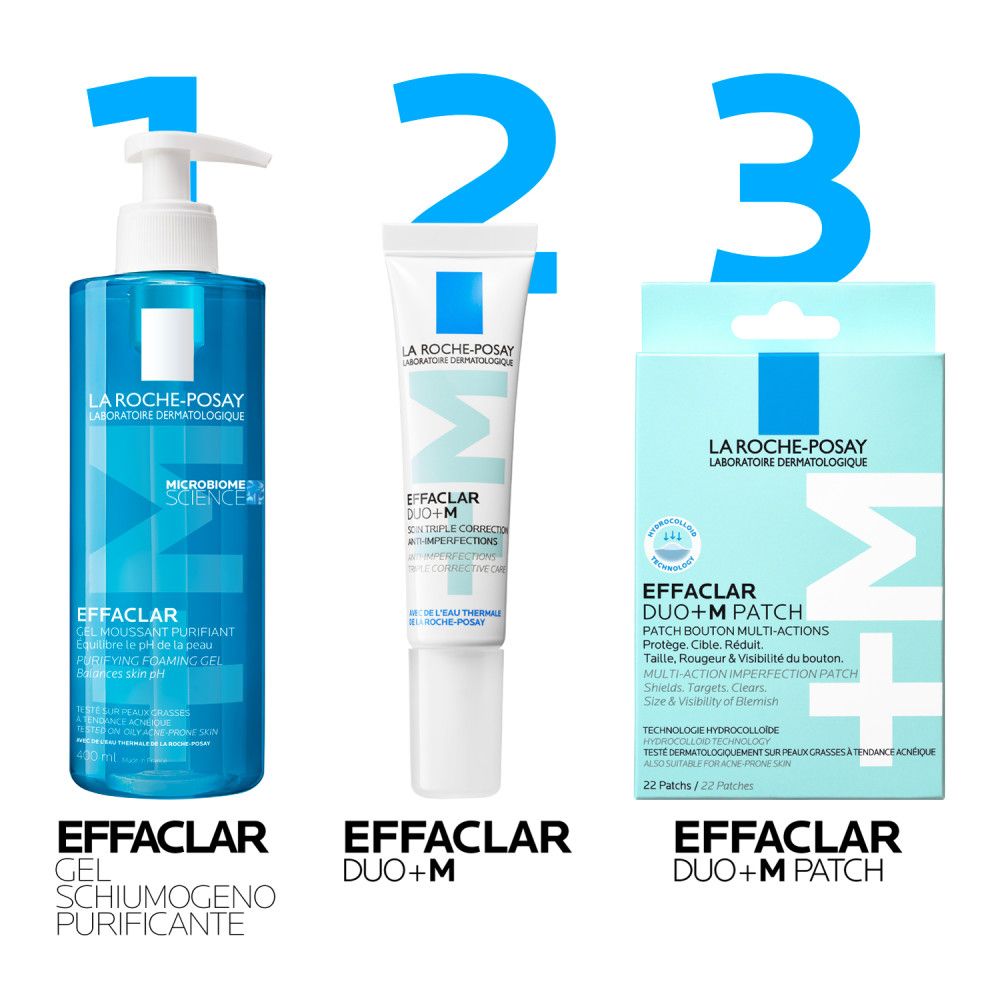 Tre prodotti La Roche-Posay Effaclar: gel detergente, crema Duo+M, patch Duo+M.
