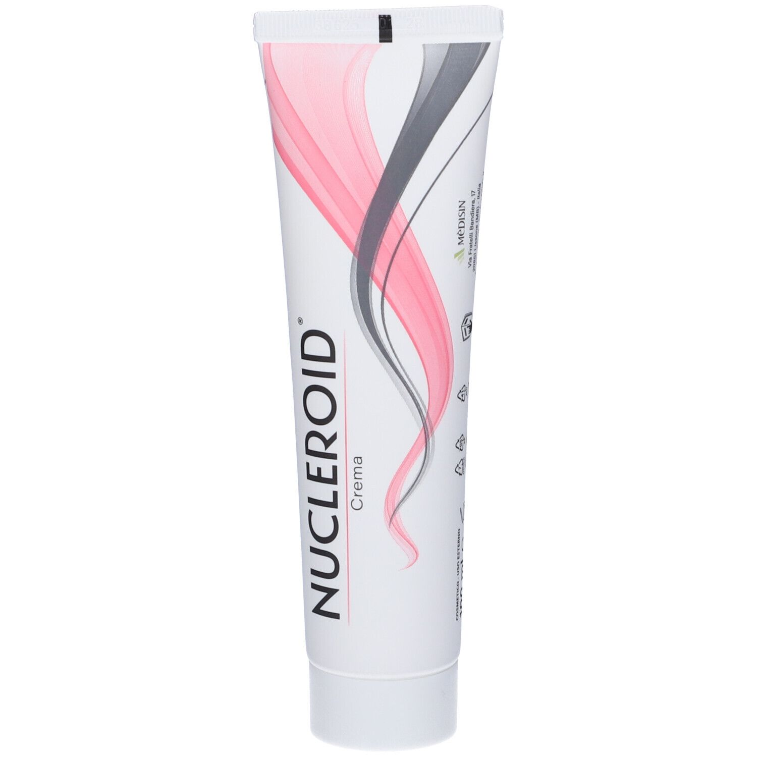 Tubo bianco con onde rosa e grigie. Scritta: NUCLEROID Crema. Logo MEDISIN. 100 ml.