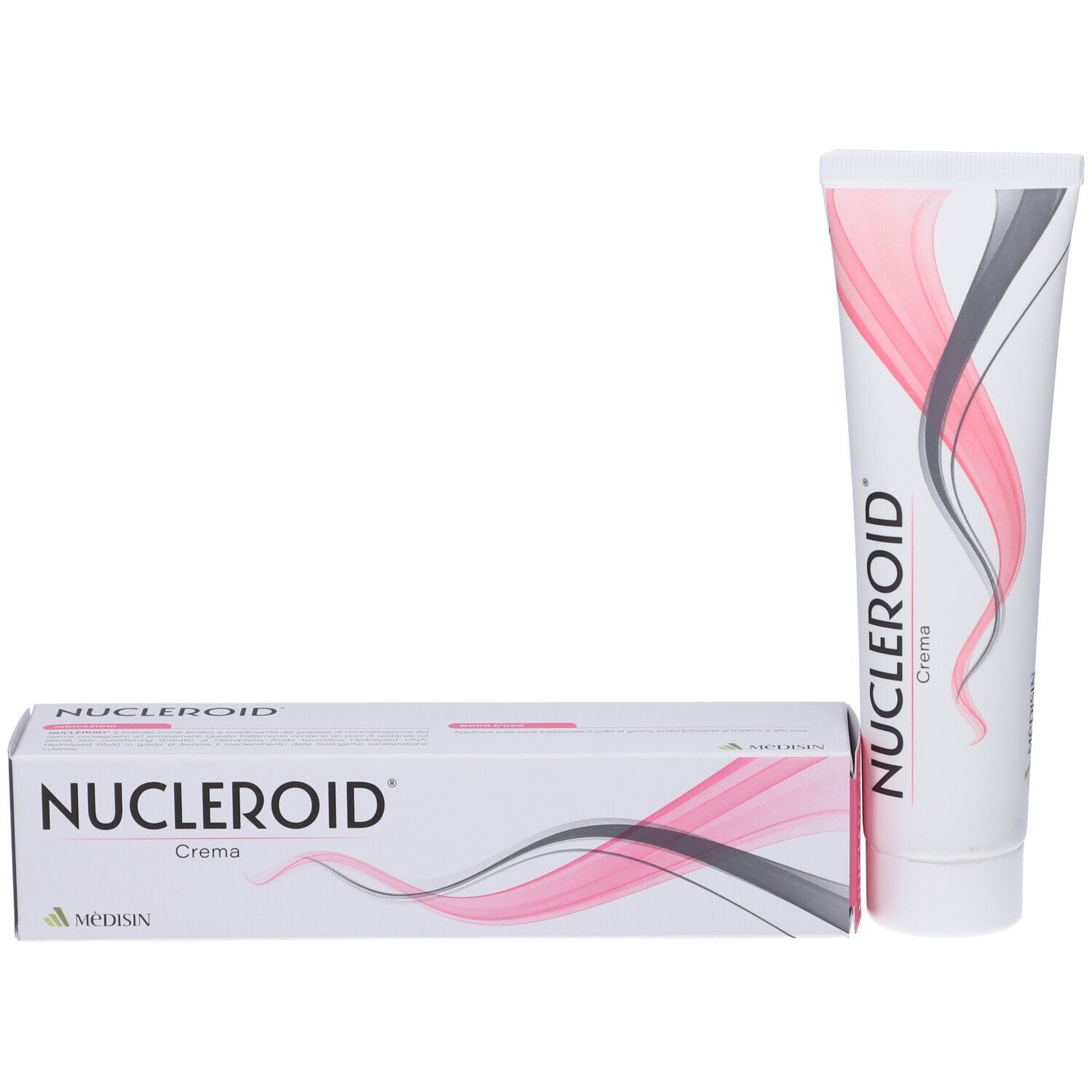 Confezione e tubo del prodotto. Confezione: bianca con onde rosa e grigie. Scritta: NUCLEROID Crema. Logo MEDISIN.