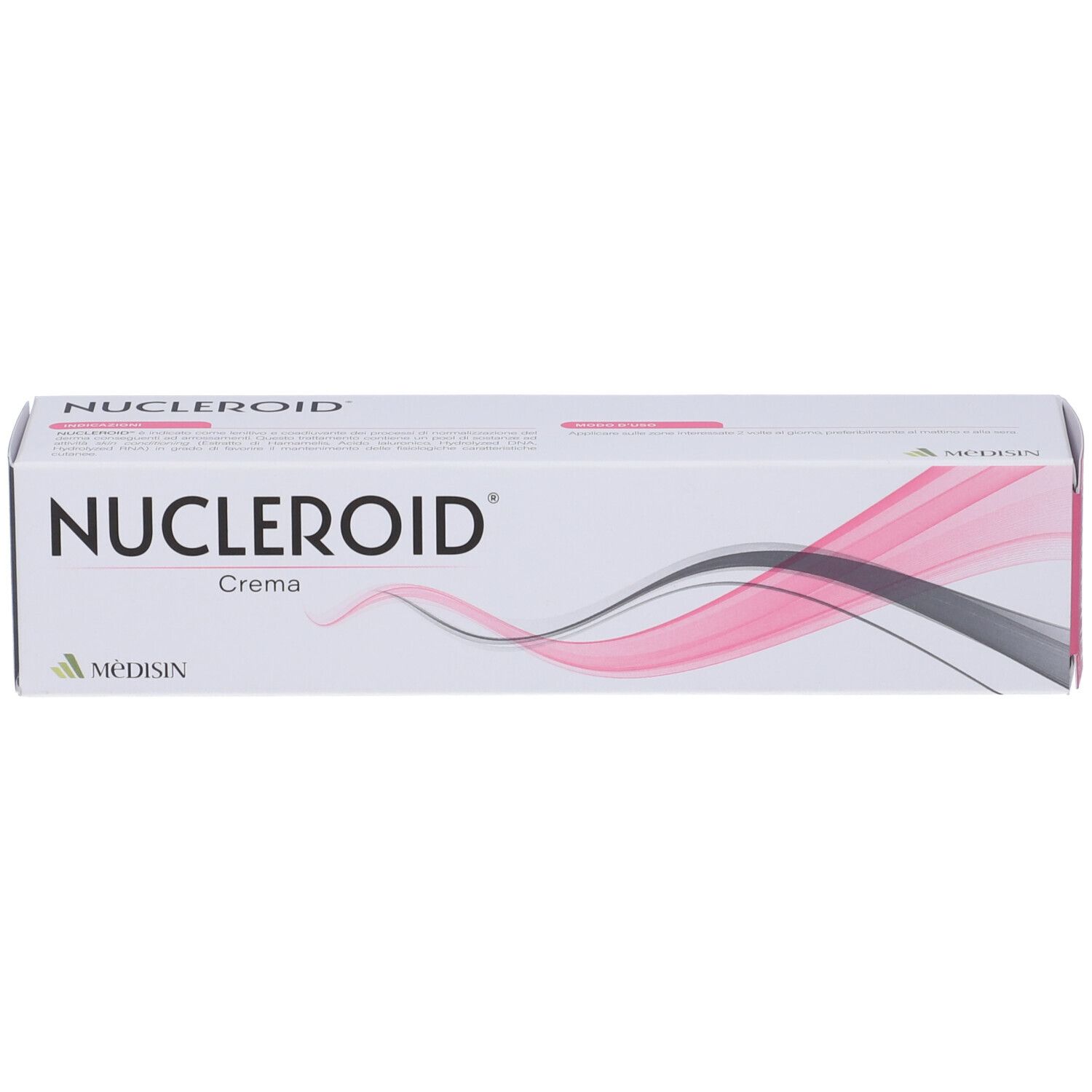Confezione bianca con onde rosa e grigie. Scritta: NUCLEROID Crema. Logo MEDISIN.