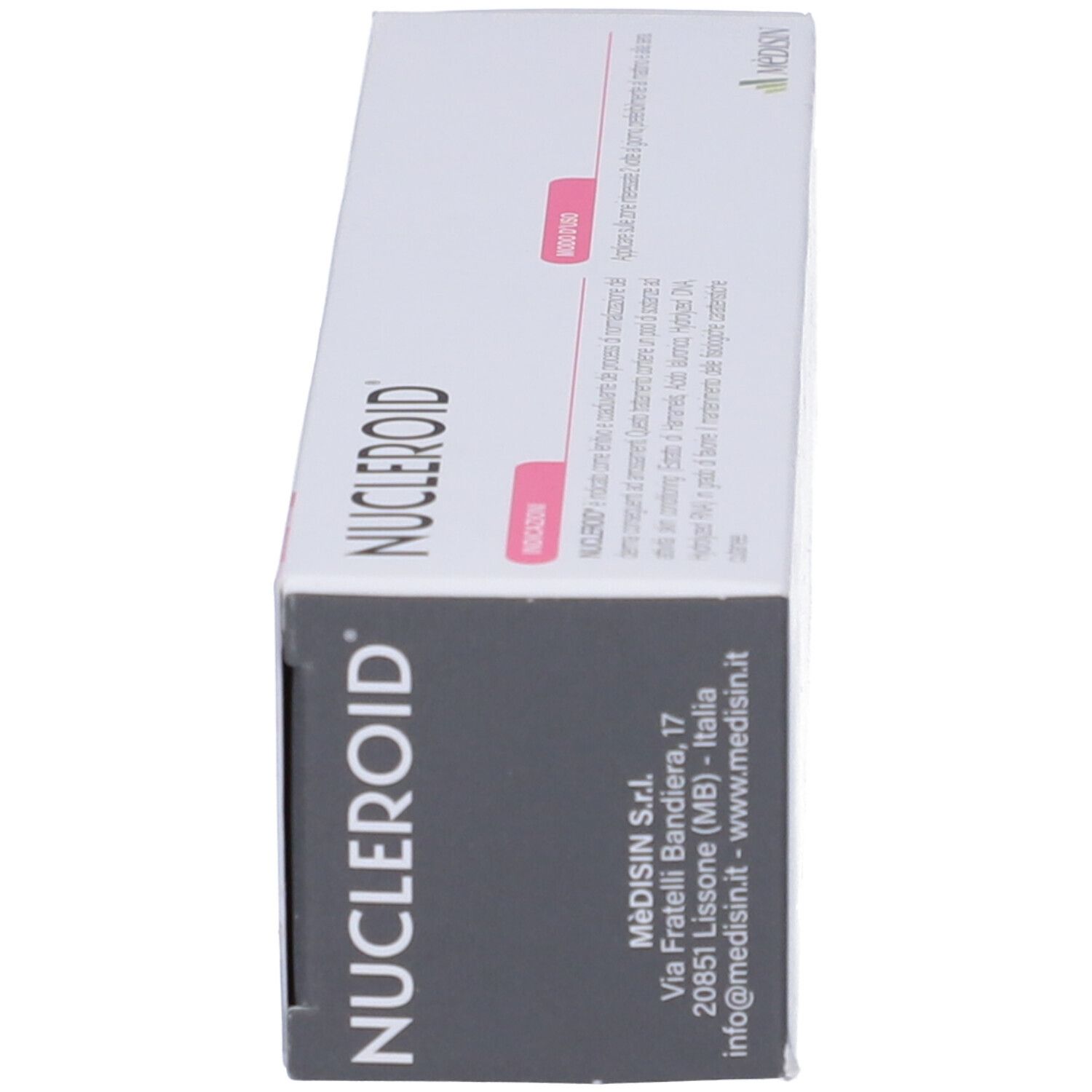 Confezione del prodotto, vista laterale. Scritta: NUCLEROID. Testo e logo MEDISIN.