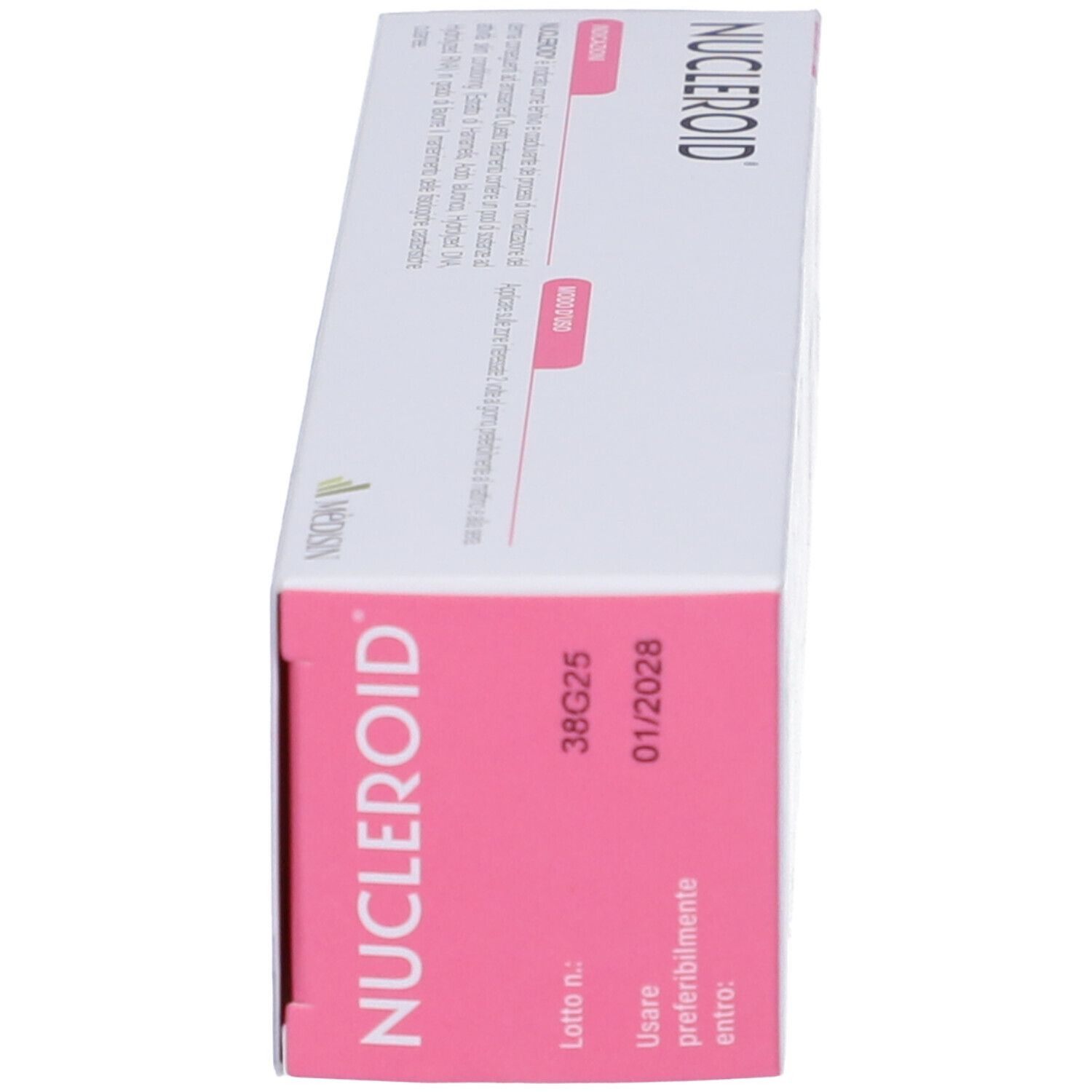 Confezione del prodotto, vista laterale. Scritta: NUCLEROID. Numero di lotto e data di scadenza.