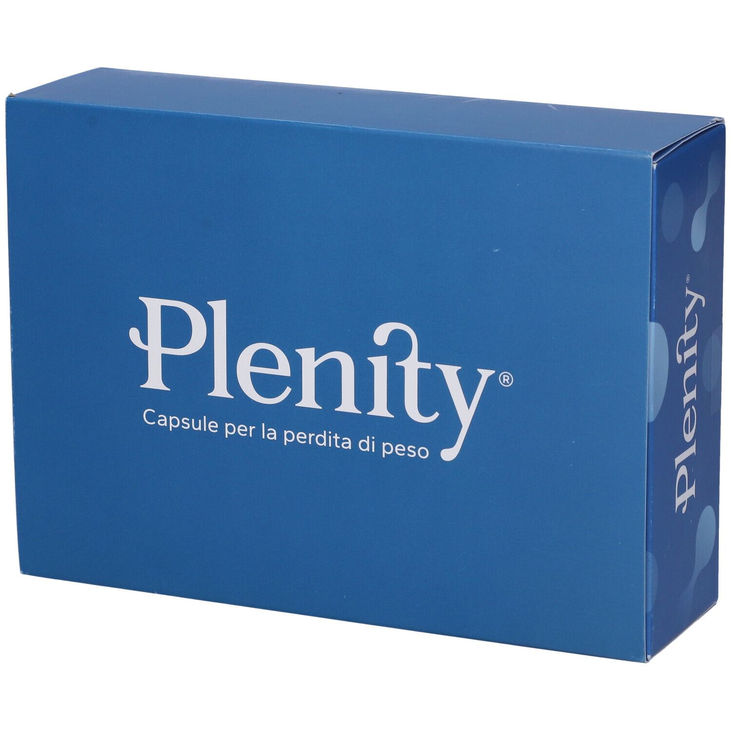 Scatola blu con logo Plenity e testo. 'Capsule per la perdita di peso' è visibile.