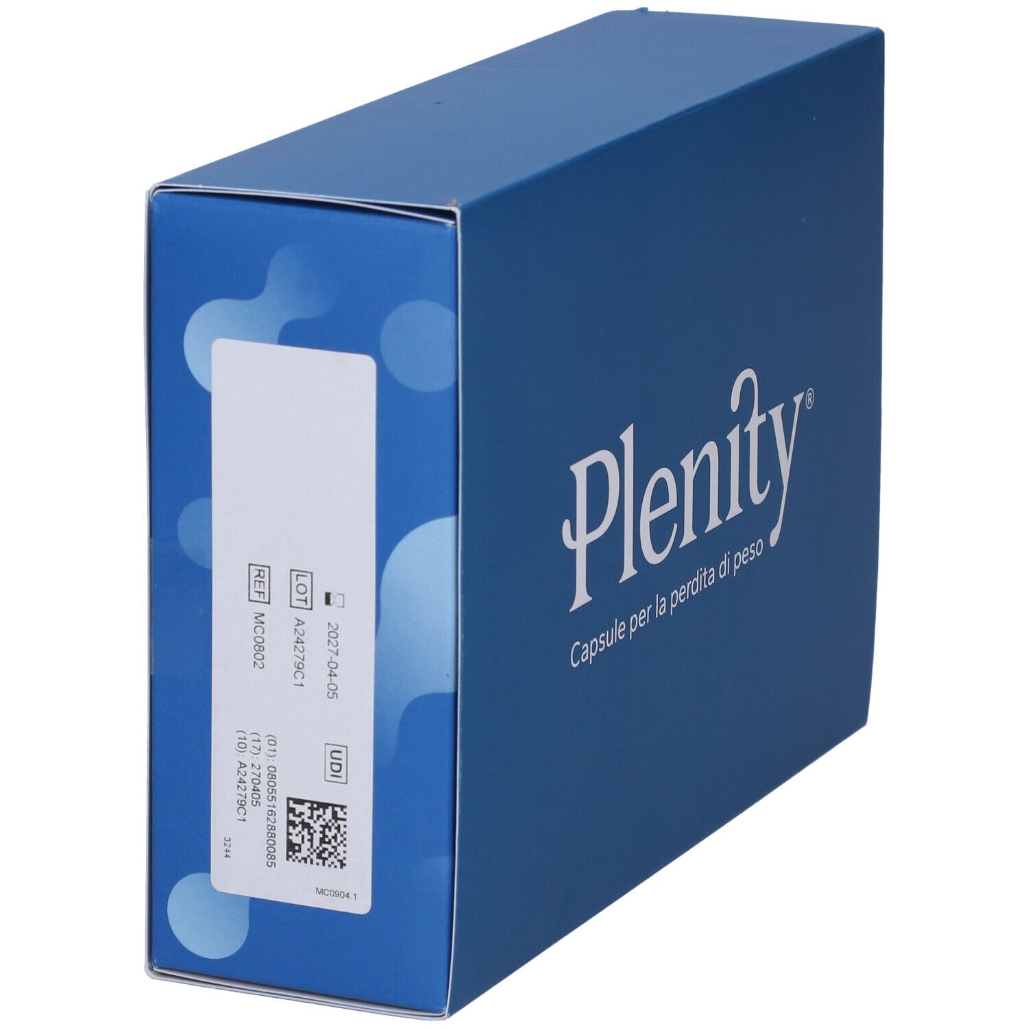 Scatola blu con logo Plenity e testo. Informazioni e codici sul lato.