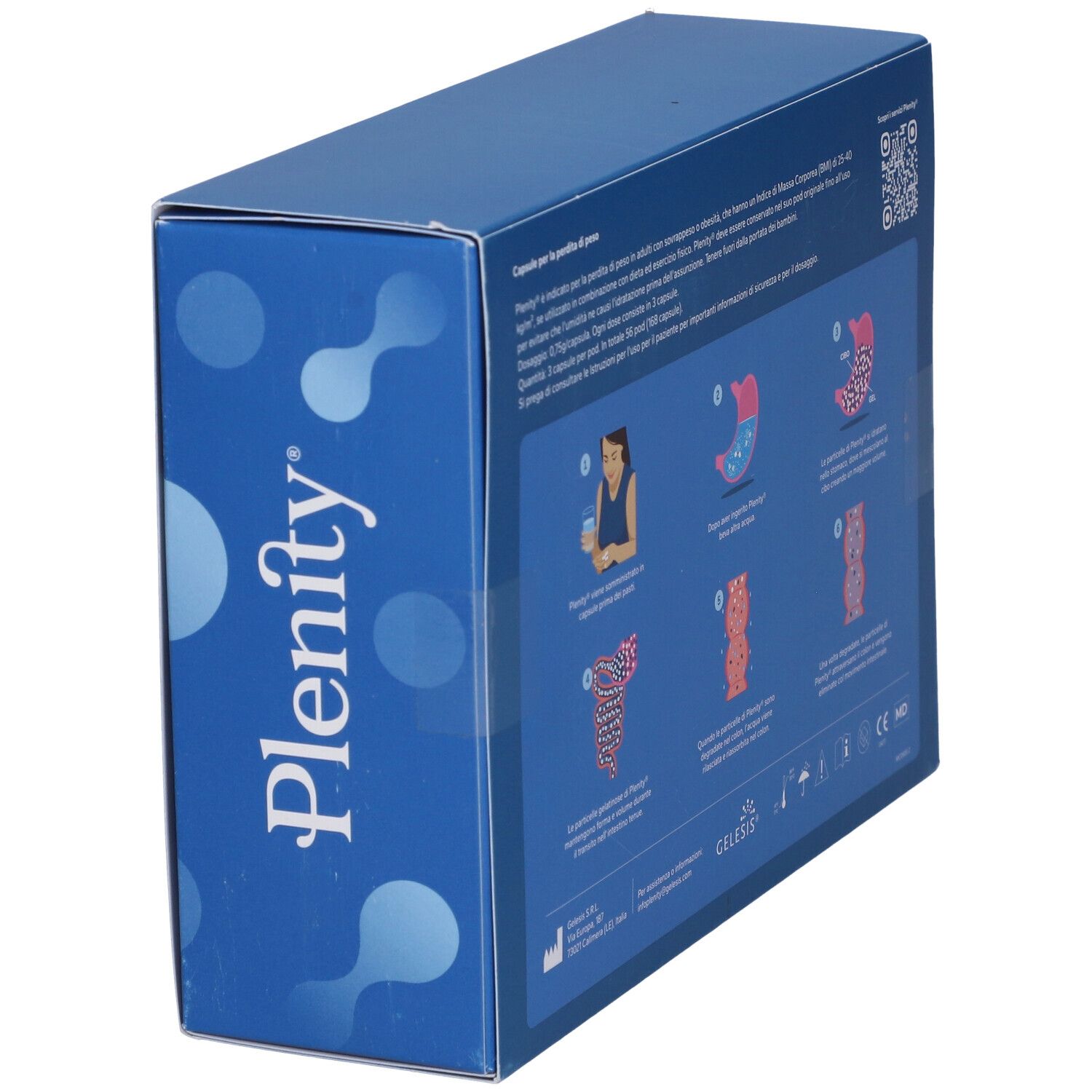 Lato di una scatola blu con logo Plenity e illustrazioni. Testo e loghi.