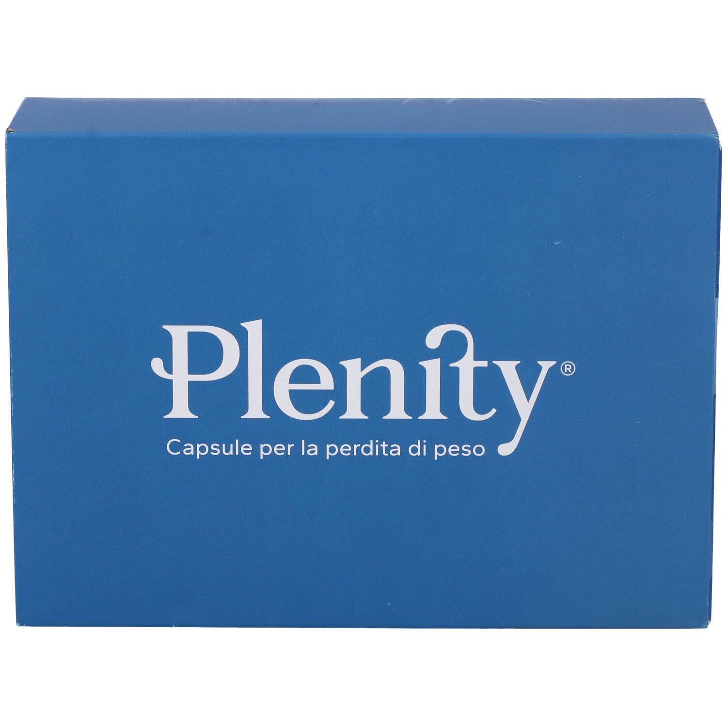 Scatola blu con logo Plenity e testo. 'Capsule per la perdita di peso' è visibile.
