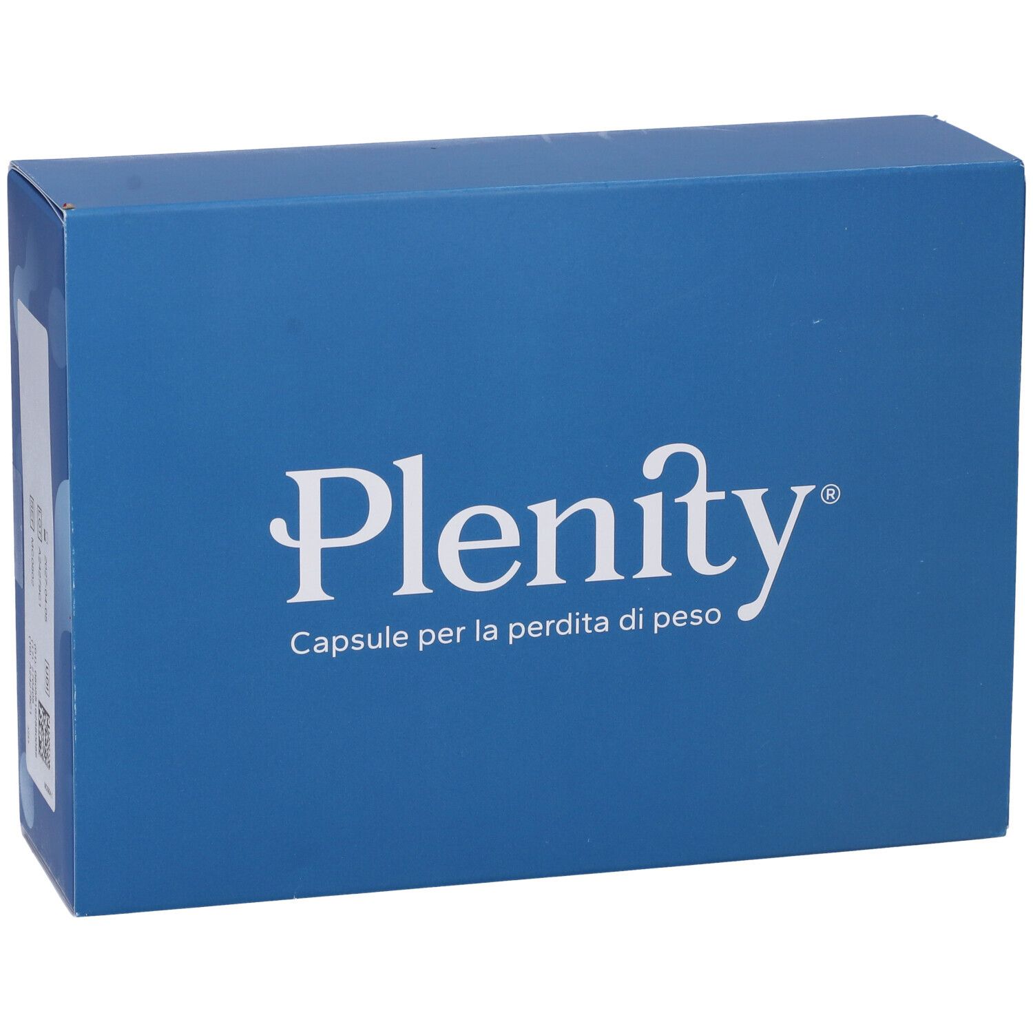 Scatola blu con logo Plenity e testo. 'Capsule per la perdita di peso' è visibile.