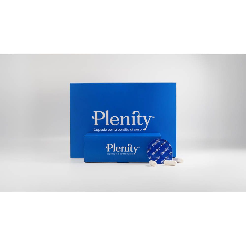 Scatola blu con logo Plenity e testo. Capsule e un sigillo rotondo sono accanto.